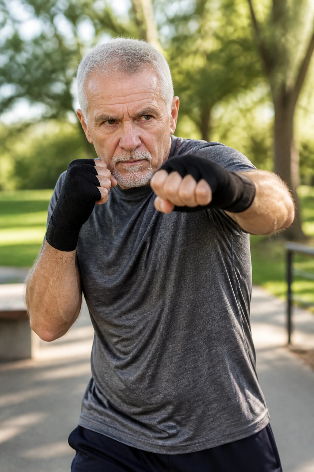 Senior shadow boxing in a park for cardio