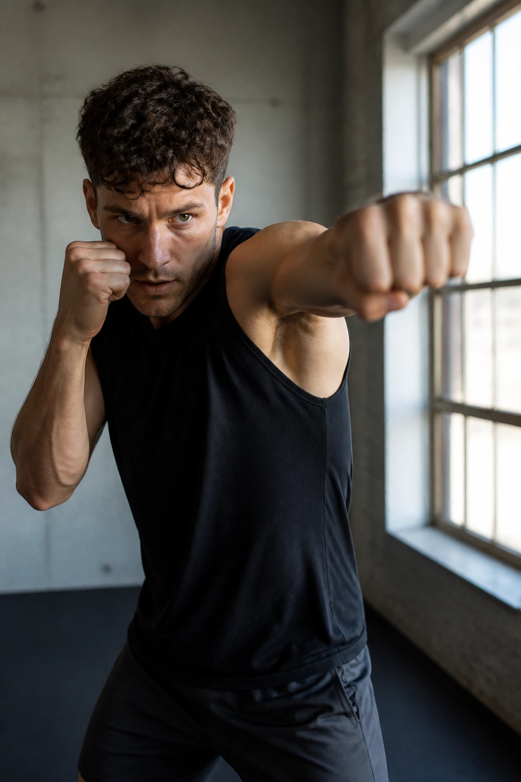 Person shadow boxing in a home gym, arms up
