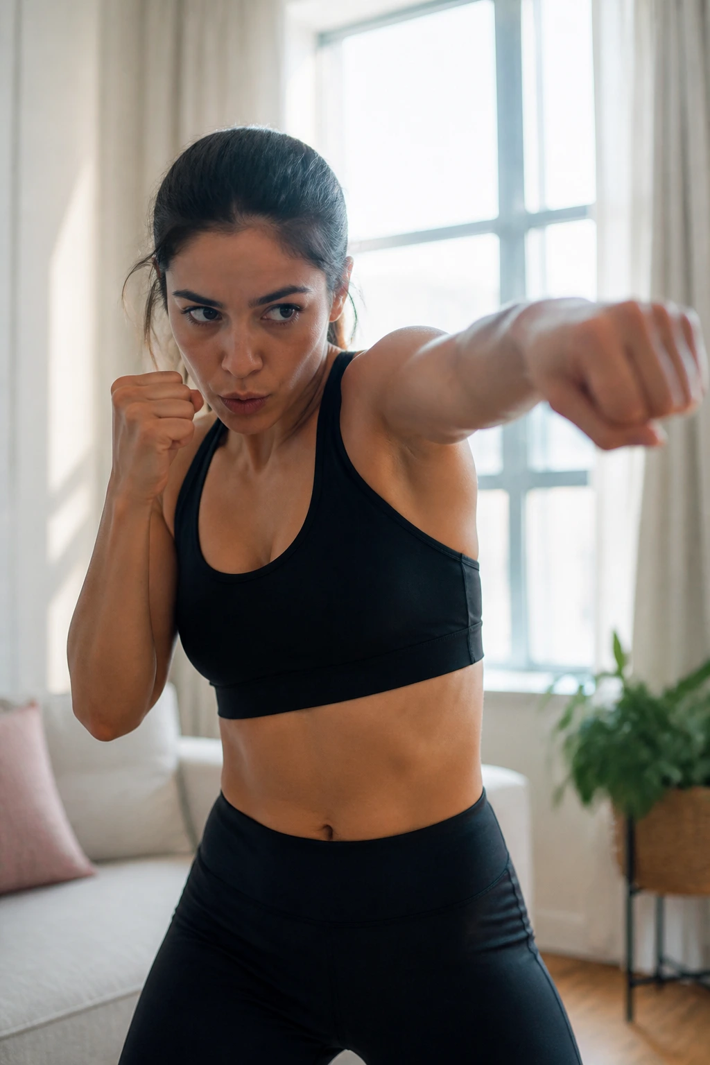 Real person shadow boxing in a living room with natural light.