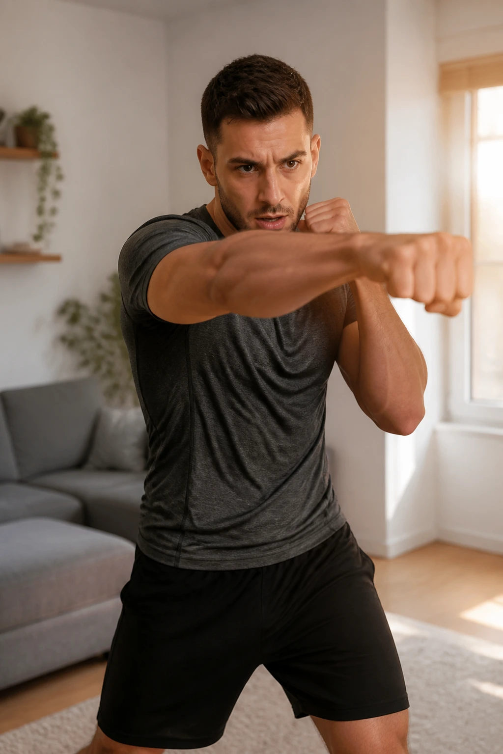 Person shadow-boxing in a bright living room, fists mid-punch.