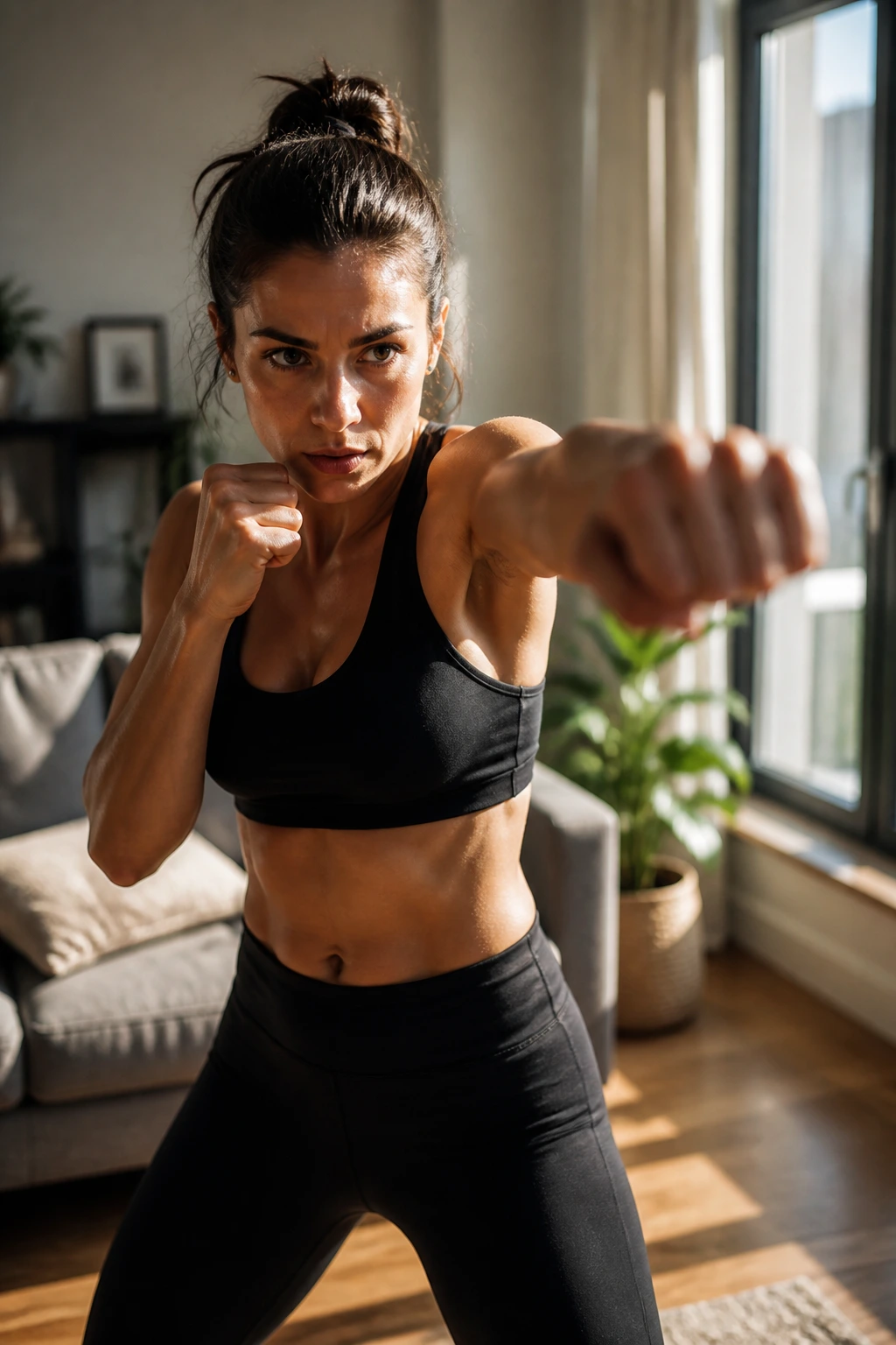 Real person shadow boxing in a sunlit living room
