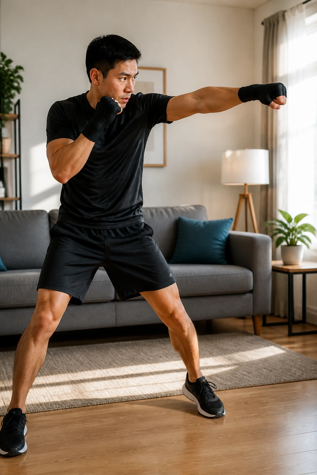 Athlete shadow boxing in a living room