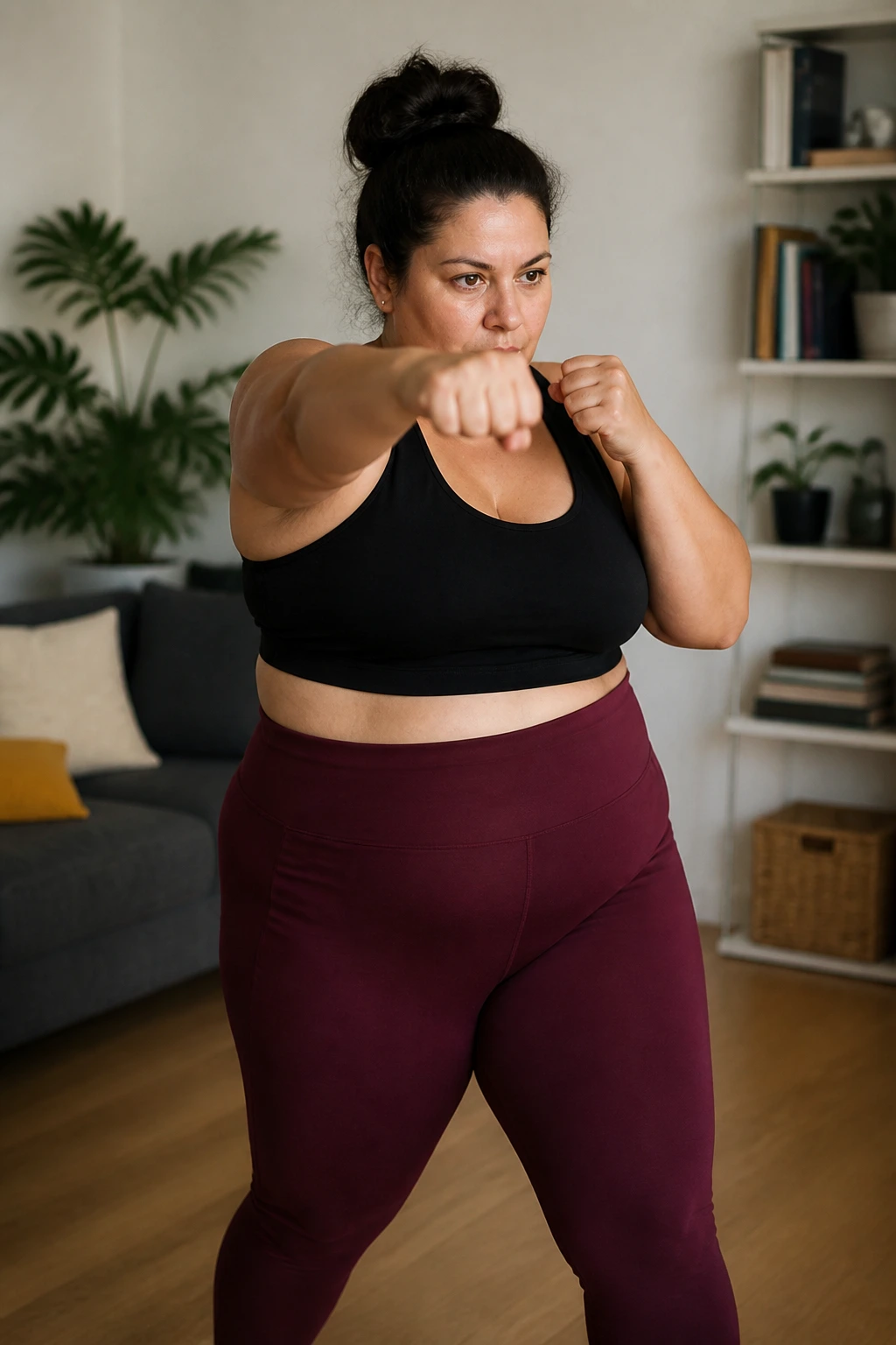 Real person shadow boxing in a living room with no equipment, focused and energetic.
