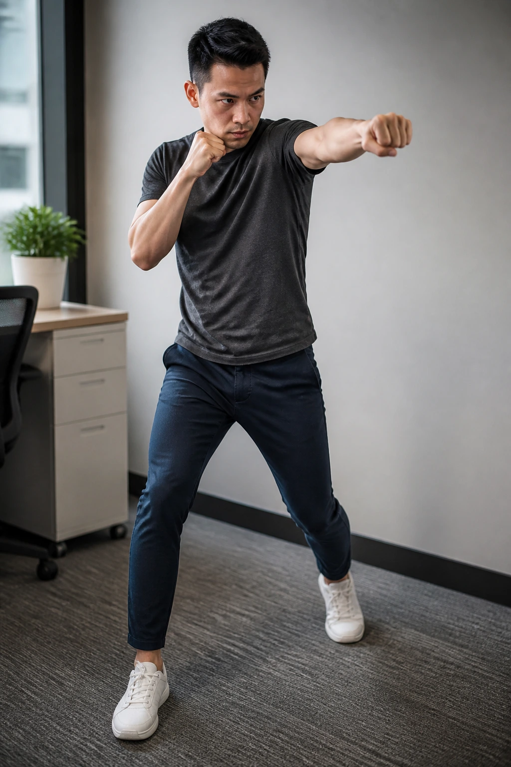 Person shadow boxing in office space, punching air in a controlled burst.