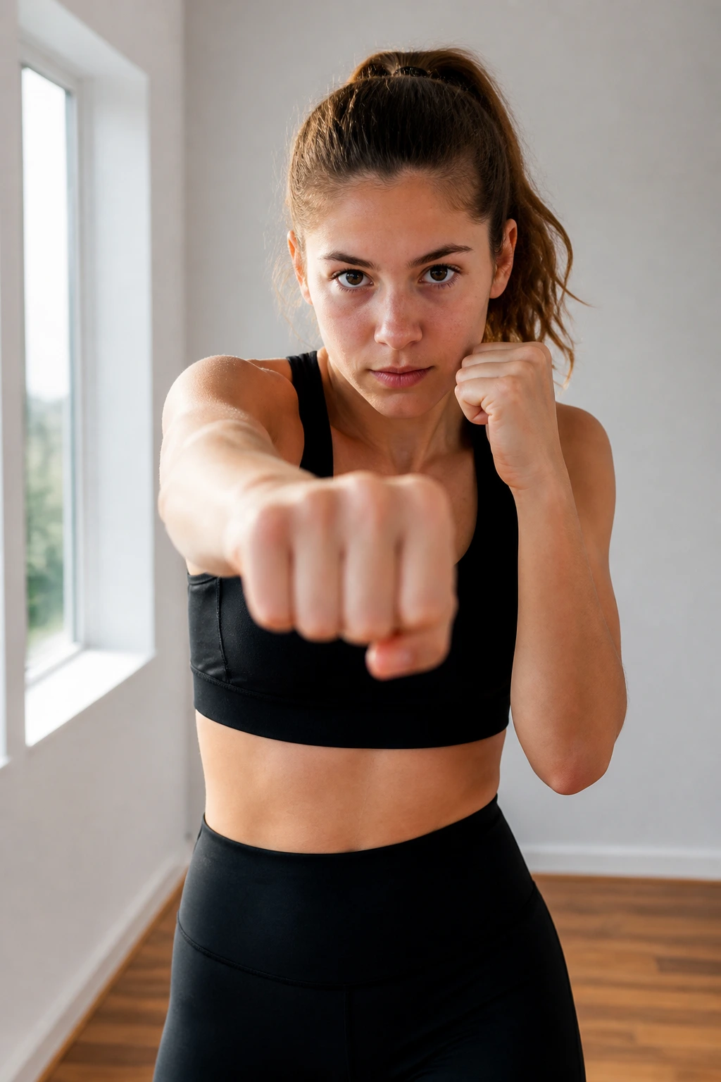 Teen girl shadow boxing in a bright indoor space