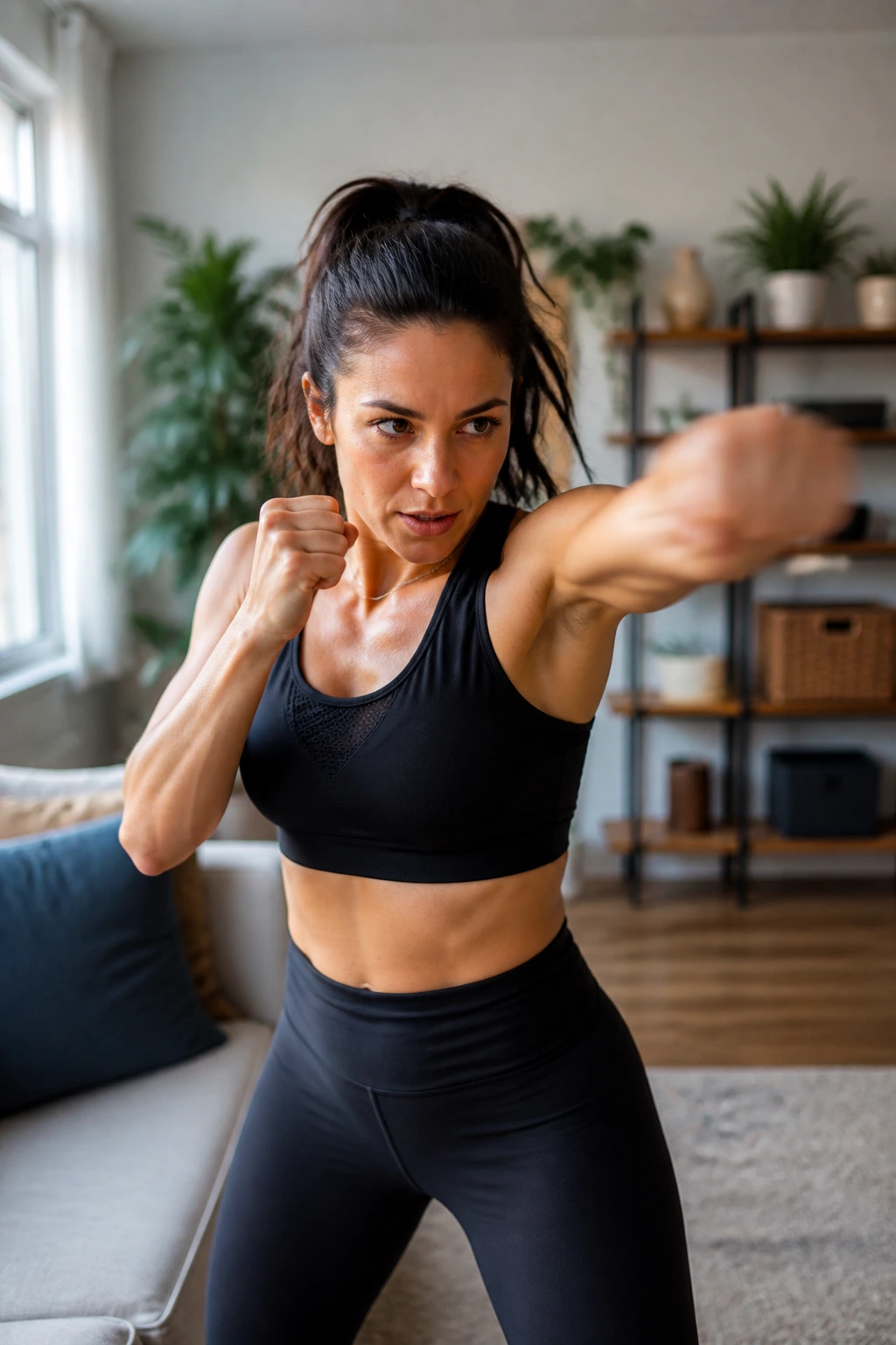 Woman shadow boxing in a living room for a fast upper body workout.