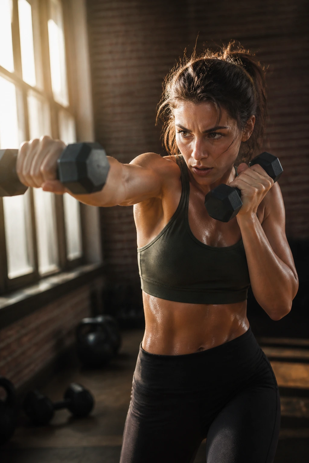 Close-up of a real athlete shadowboxing with light dumbbells in a gym