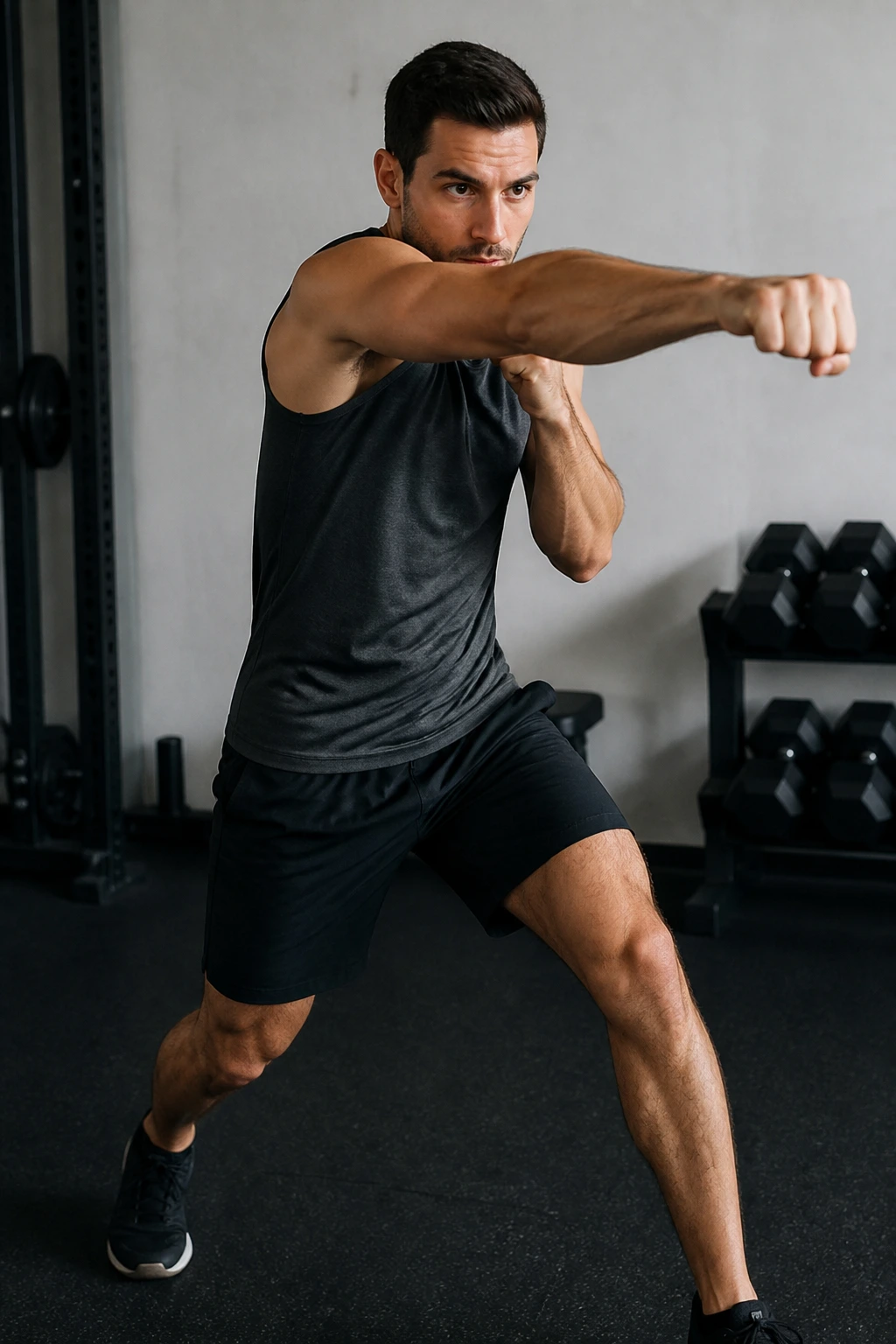 Person shadowboxing with a braced ribcage in a staggered stance