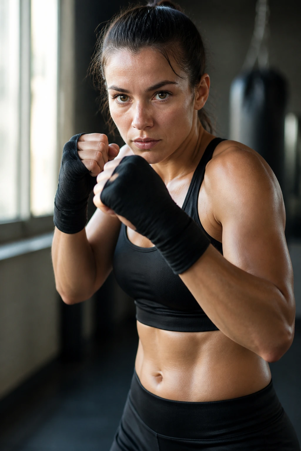 Close-up of a woman shadowboxing in a gym with focused expression