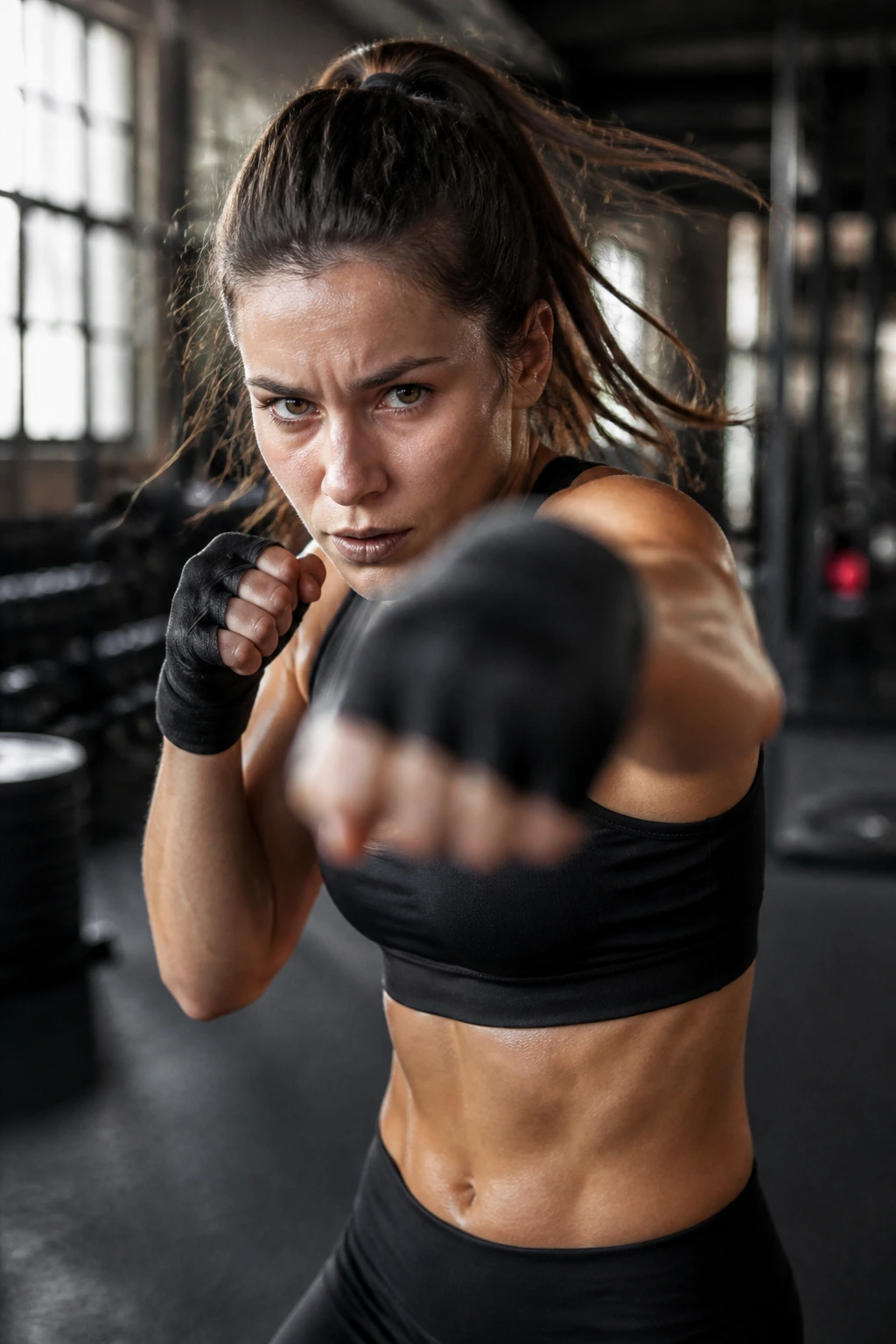Portrait of a real woman performing fast shadowboxing as part of an upper-body HIIT finisher