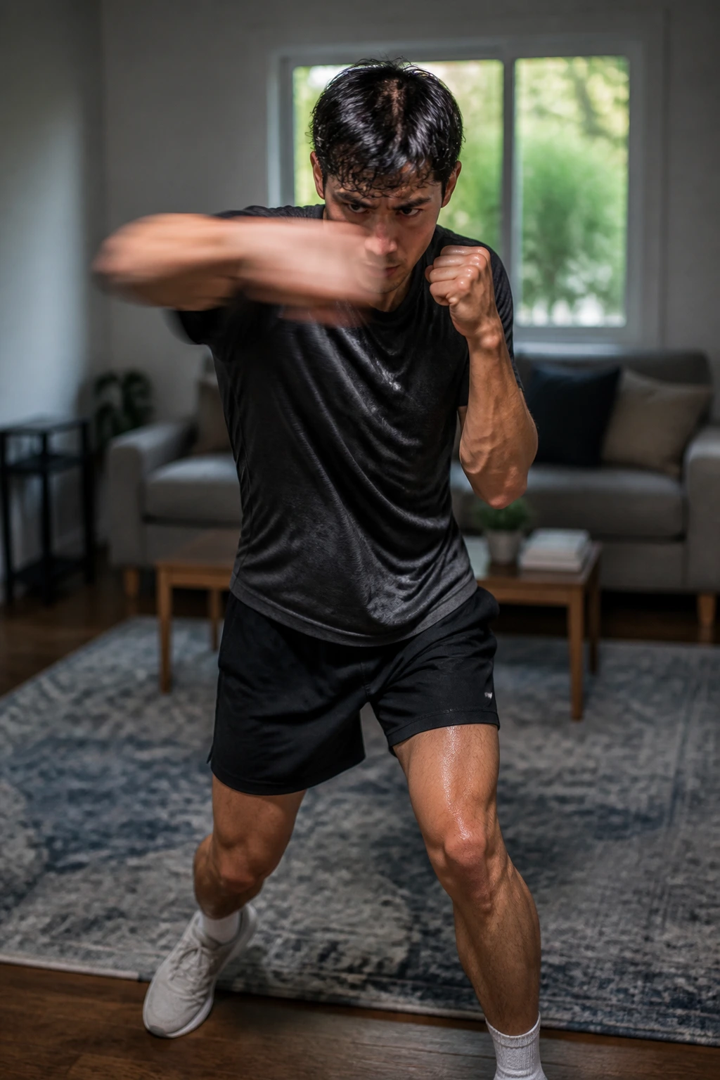 Mid-shot of a boxer shadowboxing in a living room during a home cardio session