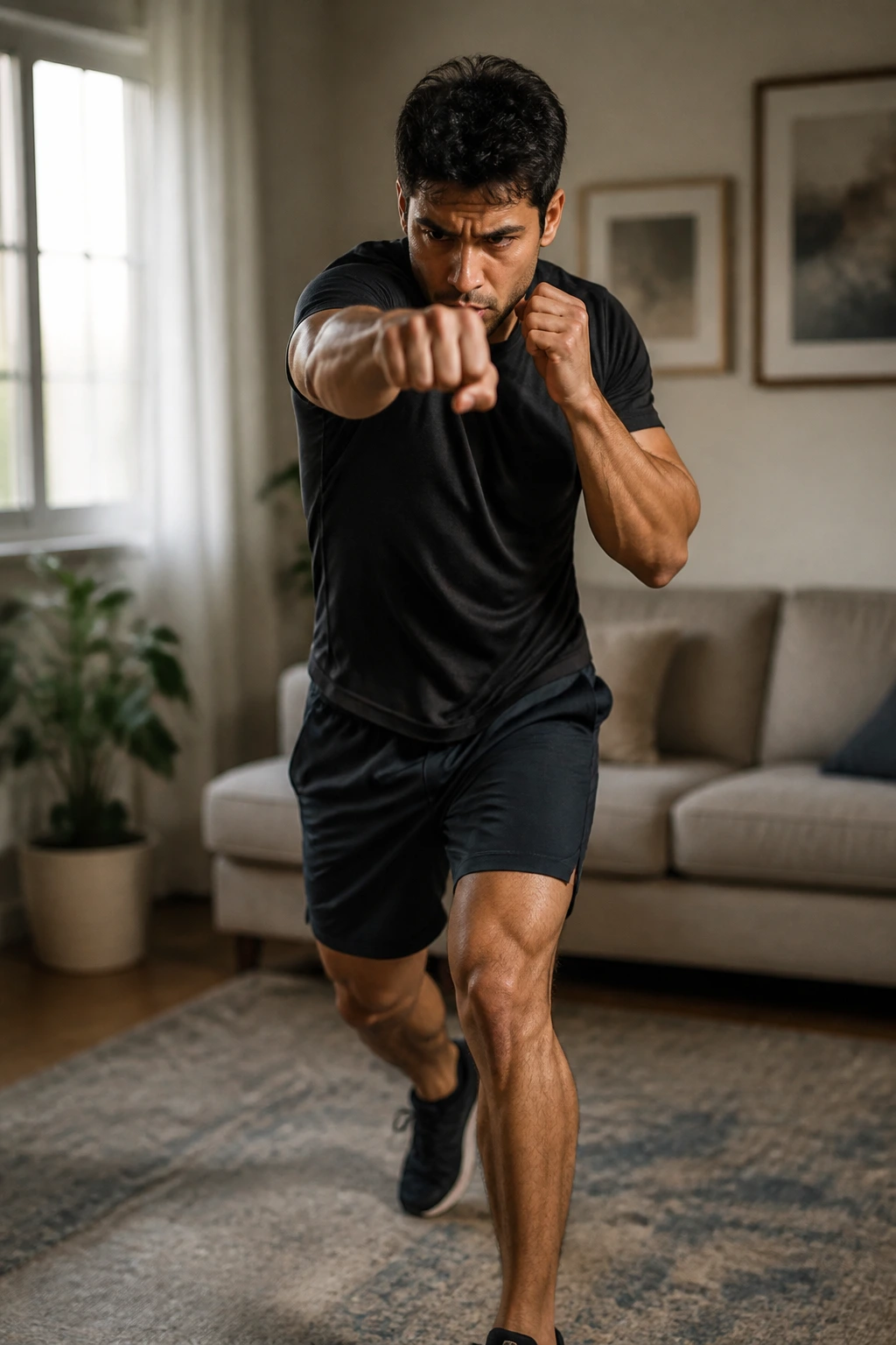 Person shadowboxing in a living room for cardio and coordination