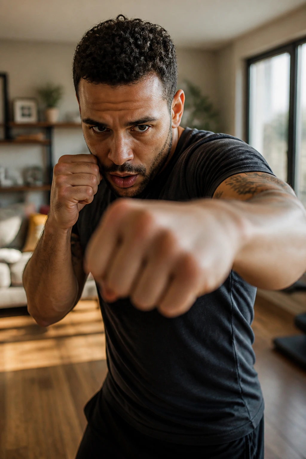 Close-up of a person shadowboxing in a cozy living room