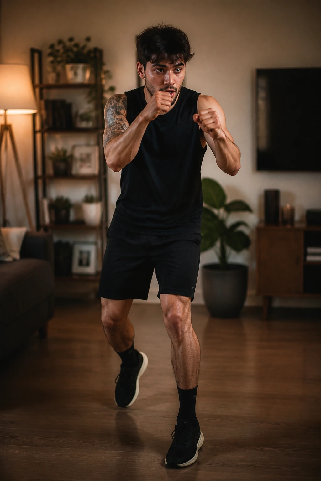 Boxer shadowboxing in a living room with rhythm and no rope