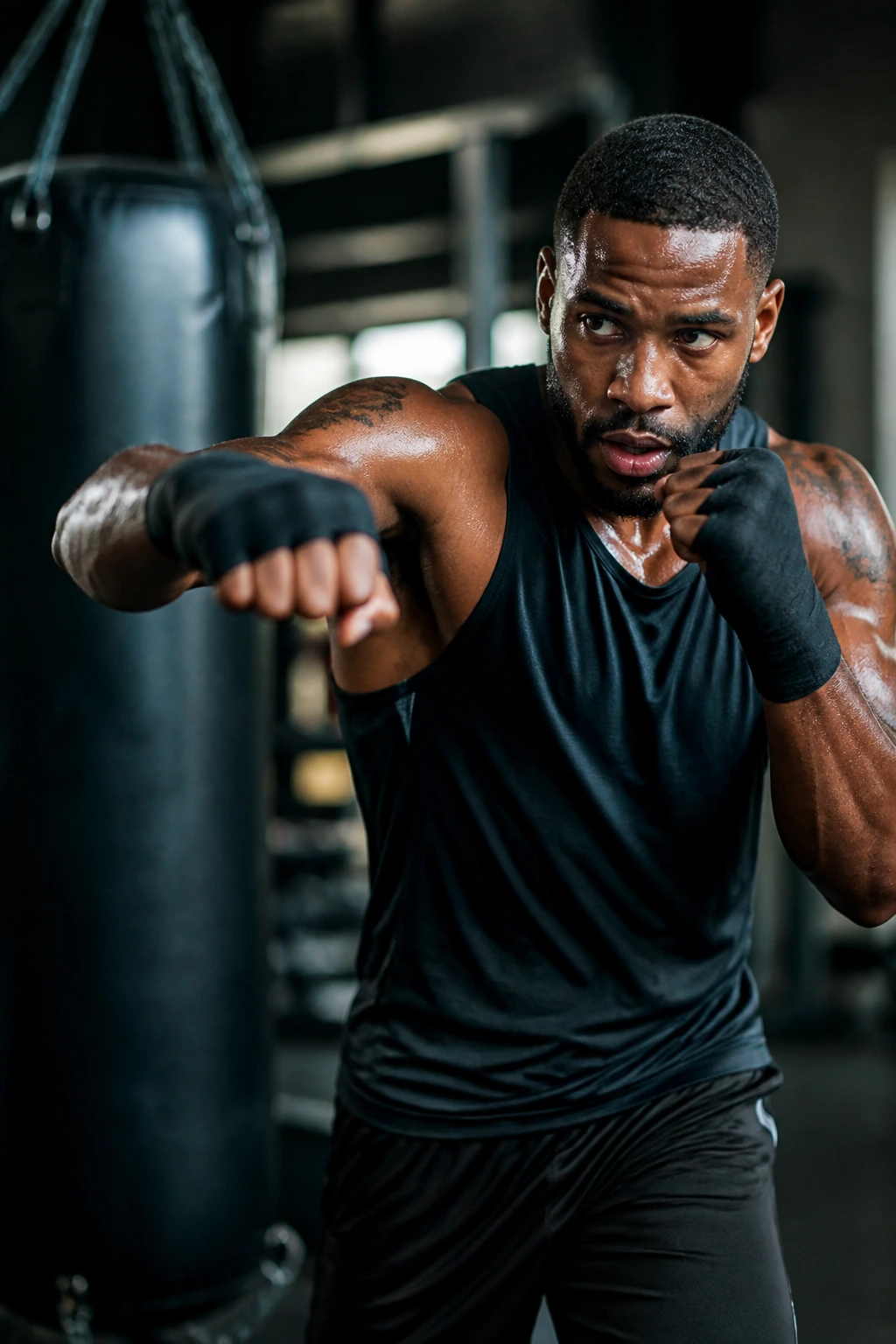 Mid-shot of a person shadowboxing in a gym during boxing rounds