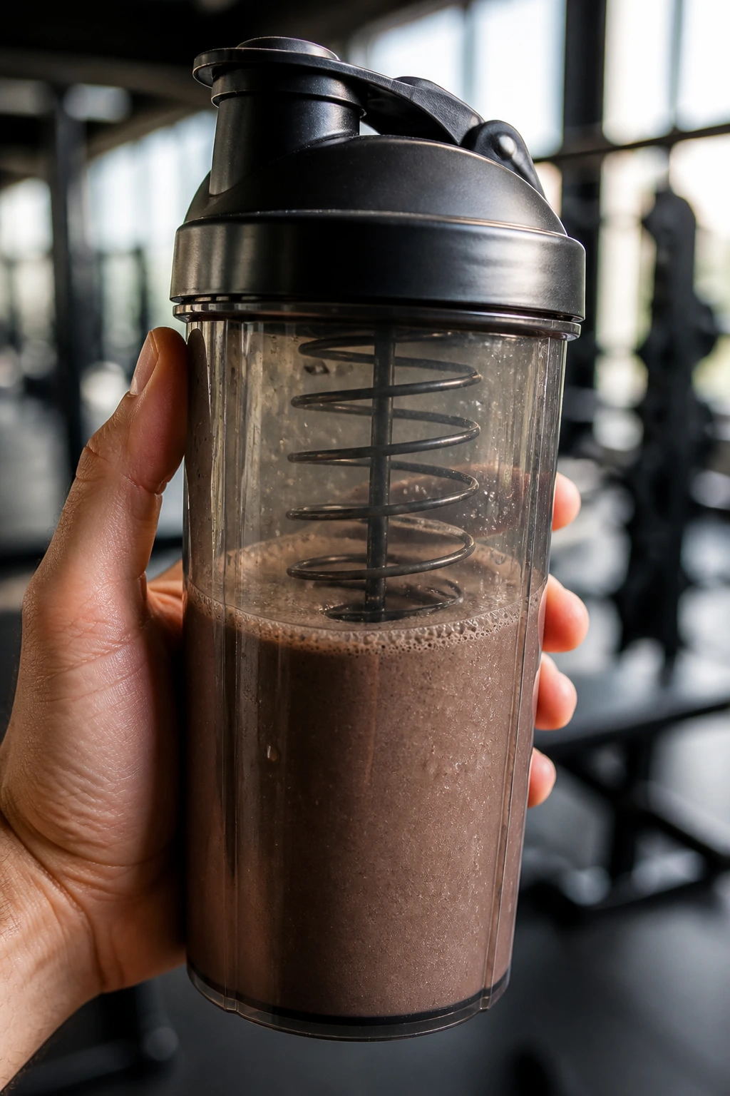 Close-up of a shaker bottle in a gym setting, ready for smooth drinks