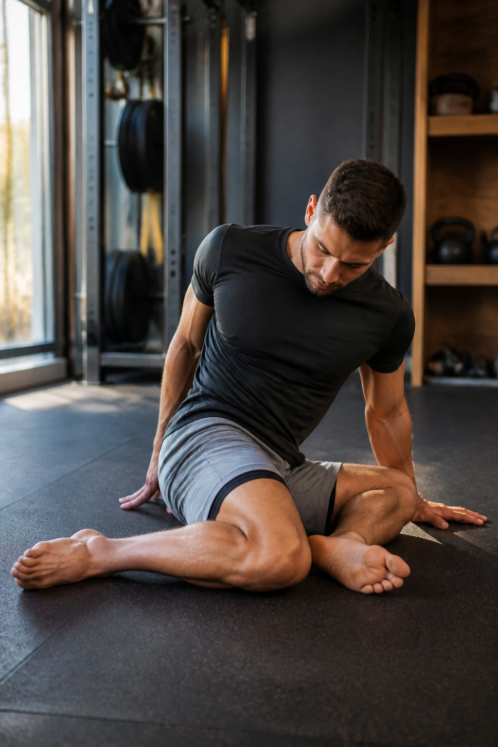 Person performing Shin Box Rotations in a bright home gym
