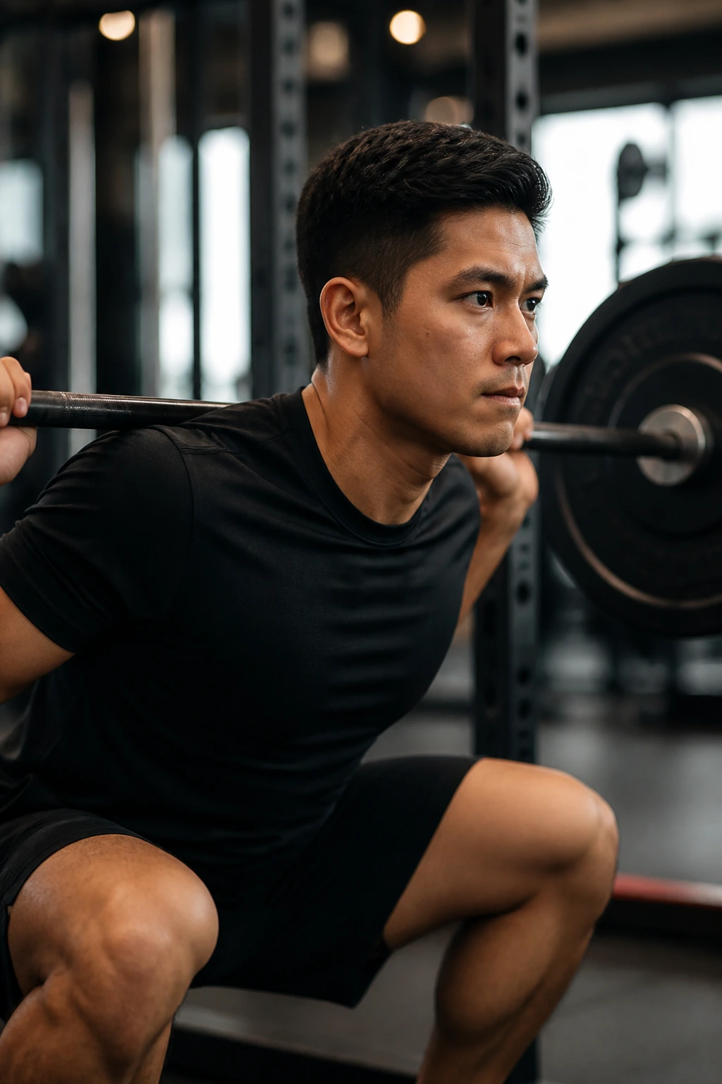 Lifter performing barbell back squat in gym