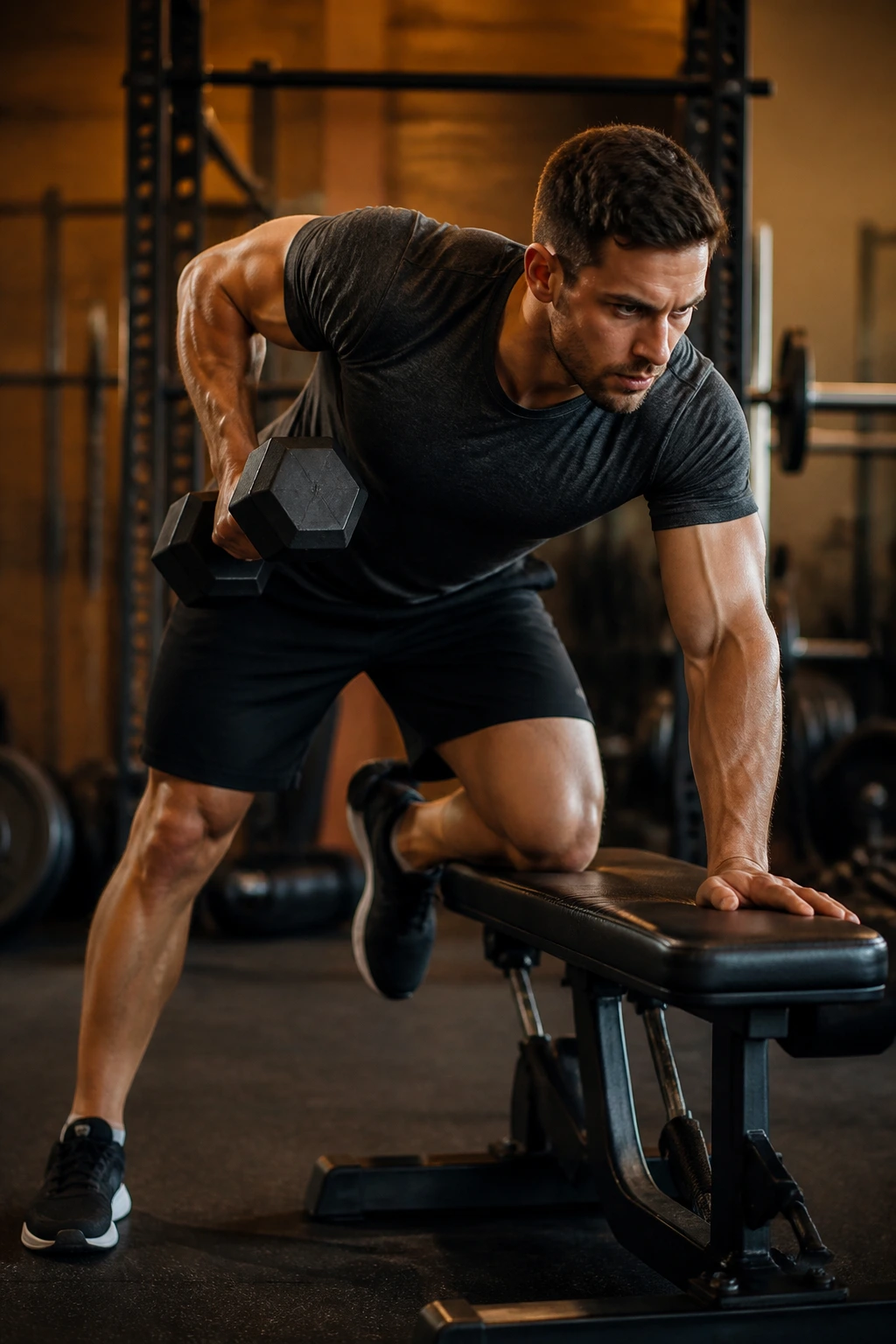Person performing fast supersets in a compact gym space