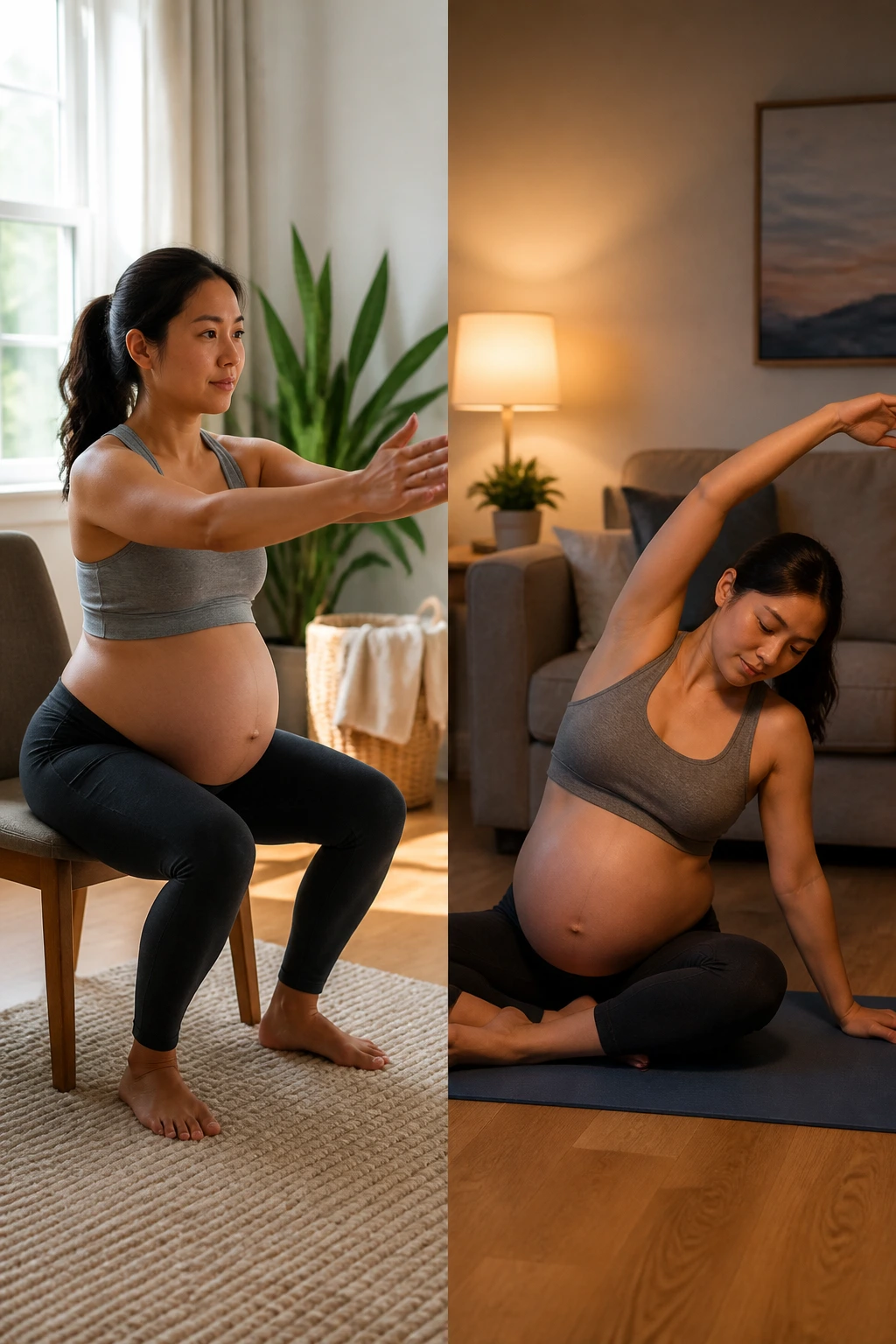 Pregnant woman shown in split-frame performing two short workouts in a home setting