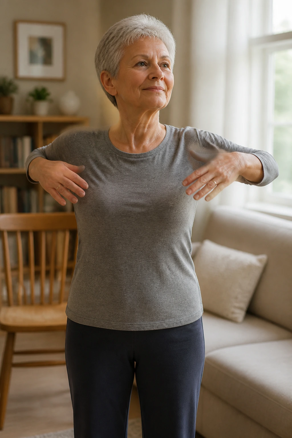 Senior performing shoulder circles and arm swings in a cozy home setting