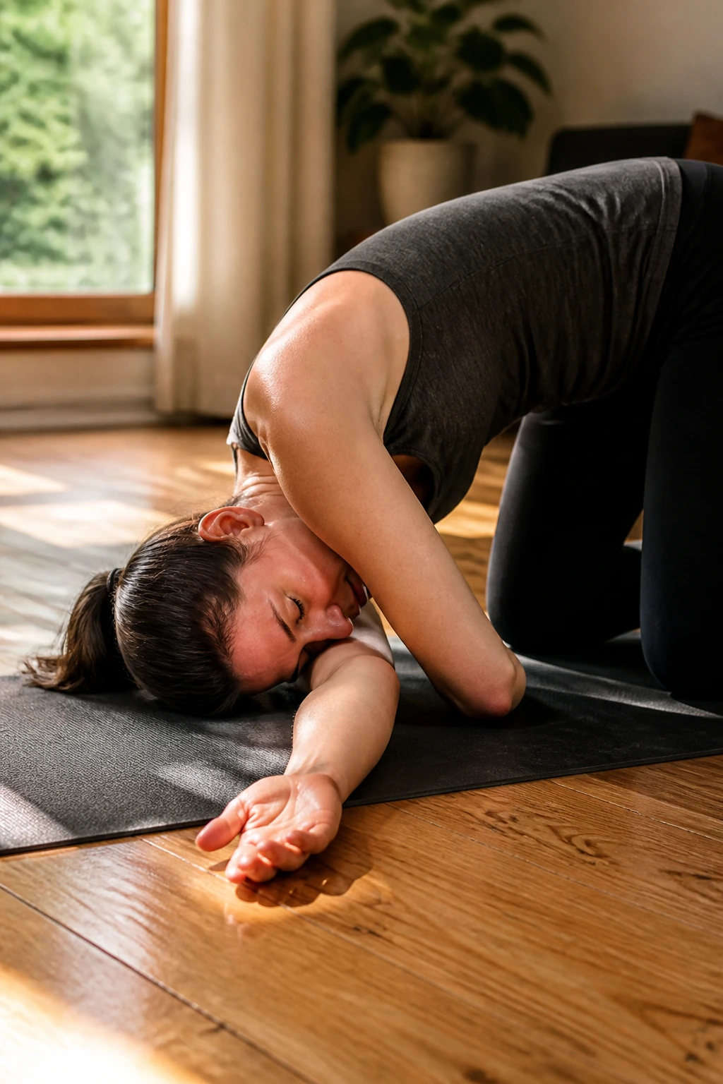 Close-up of threading the needle stretch to mobilize thoracic spine and open the shoulder