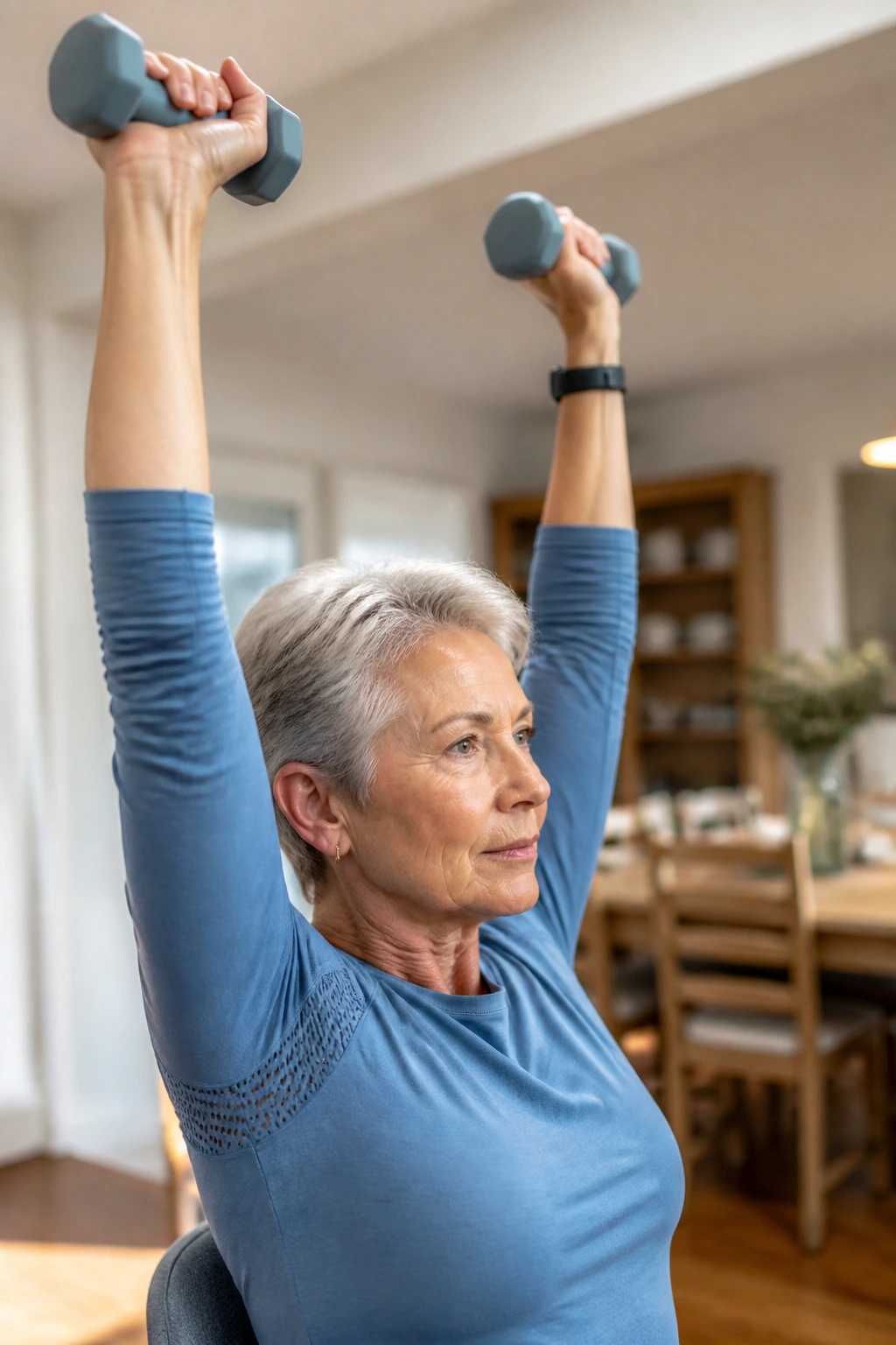 Shoulder press with light weights performed by a real person at home.