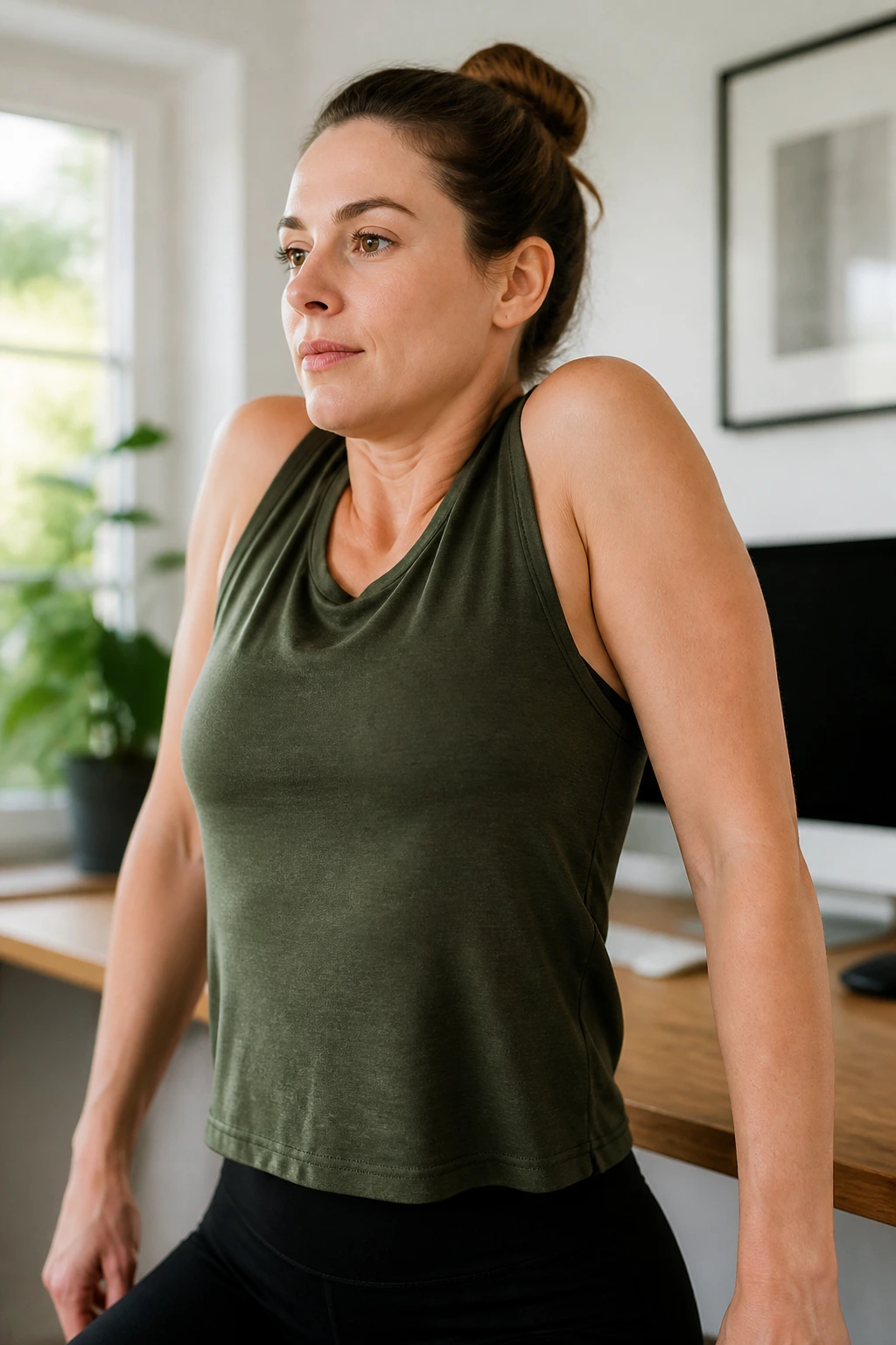 Shoulder rolls in action behind the shoulders in a home setting