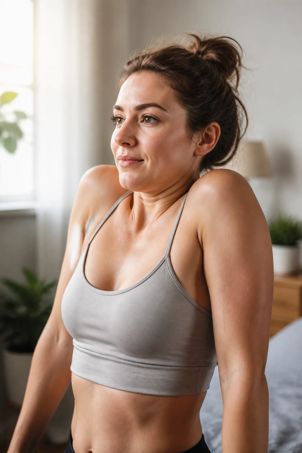 Medium close-up of a person performing shoulder rolls in a bright home setting