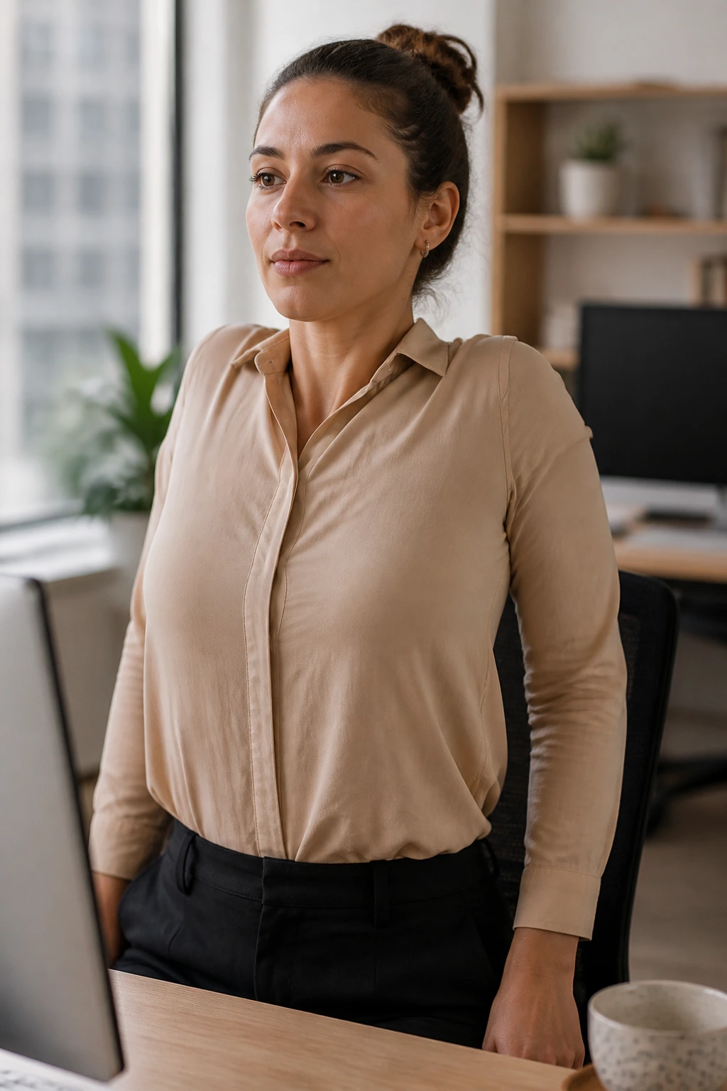 Medium shot of a real person performing shoulder rolls at their desk