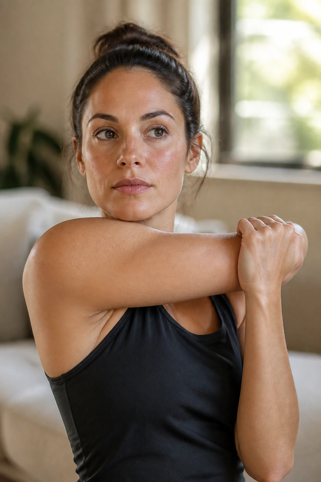 Close-up of a person performing cross-body shoulder stretch, focusing on the shoulder