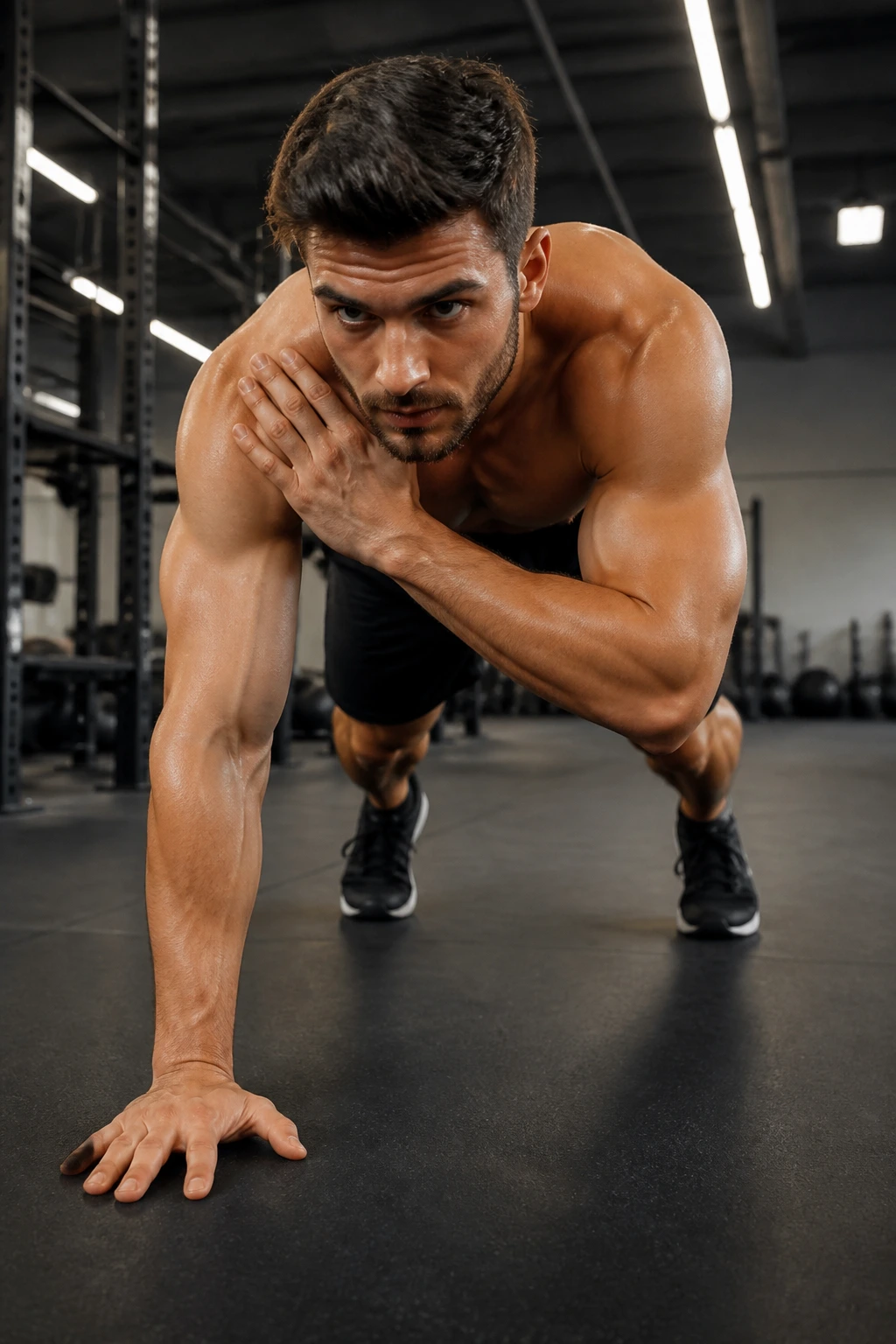 Real athlete performing shoulder tap bear crawl on mat