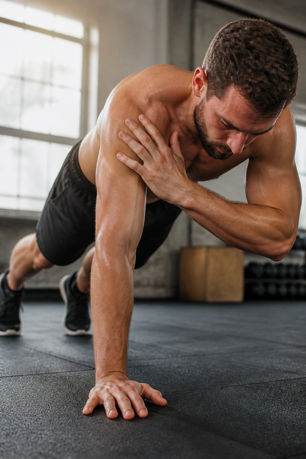 Close-up of a person performing shoulder-tap climbers in a gym, showing shoulder taps and engaged core