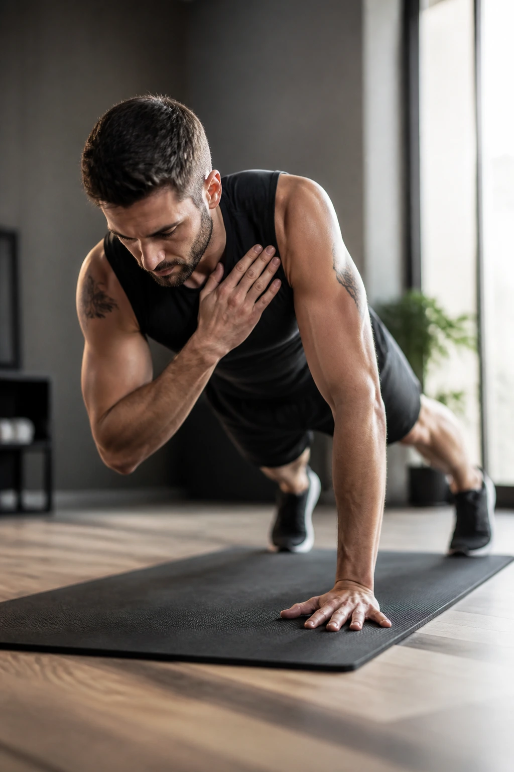 Person performing shoulder tap plank on a mat at home