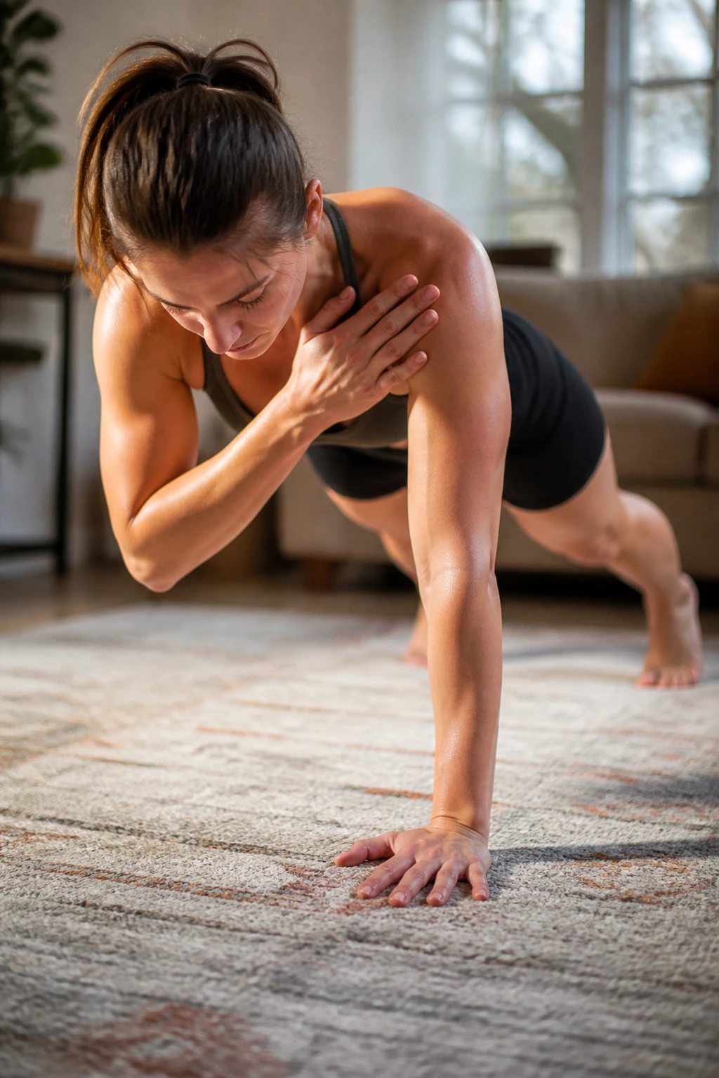 Person in high plank performing shoulder taps in a home setting