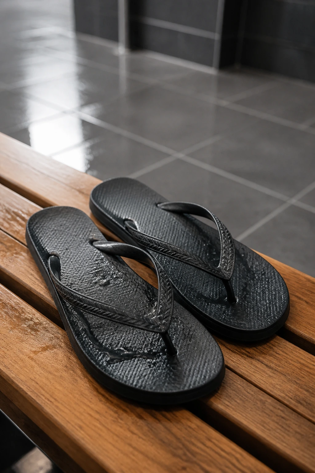 Close-up of rubber shower sandals on a gym locker-room bench