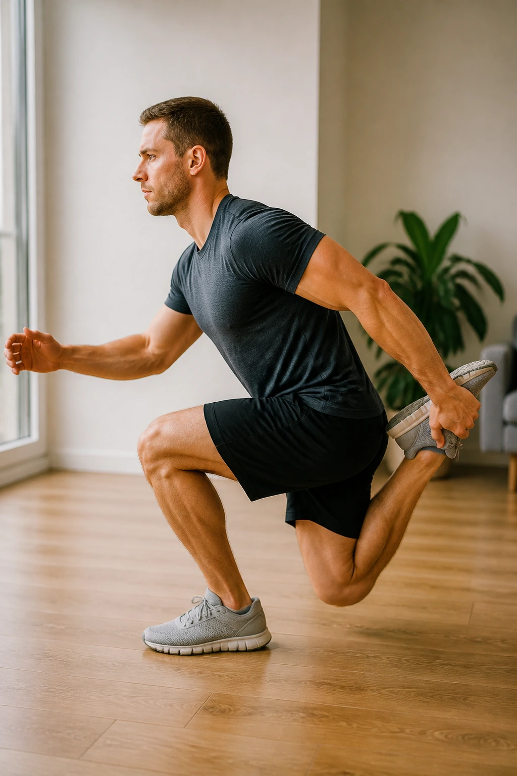 Side view of a person performing a shrimp squat on one leg