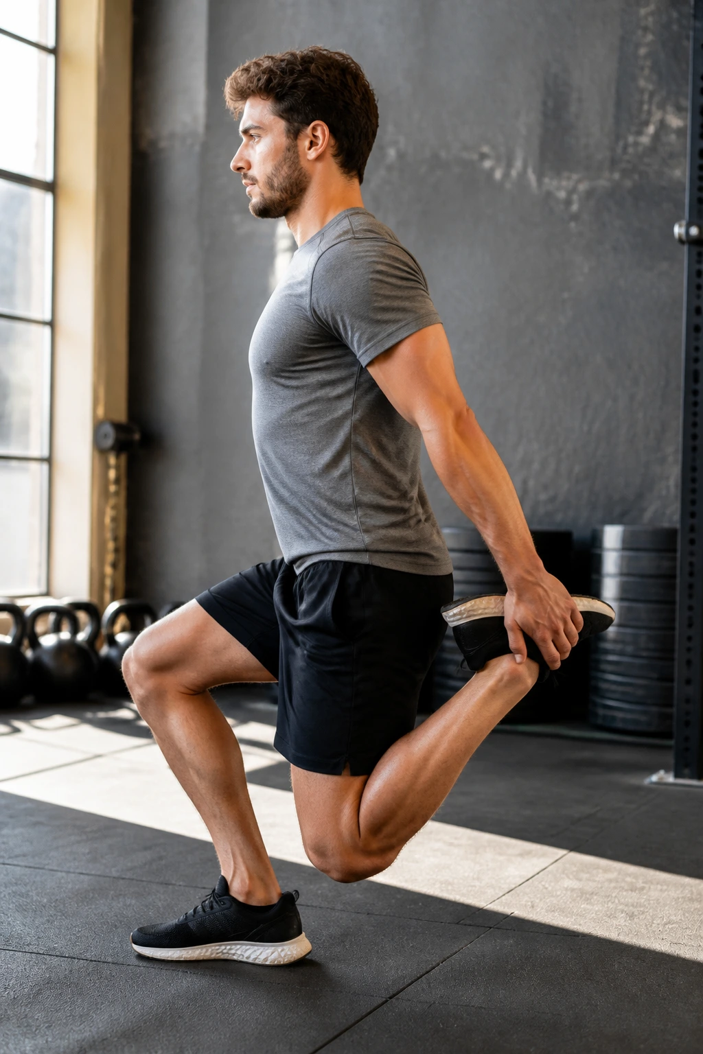 Athlete performing shrimp squat on one leg with back leg held behind.