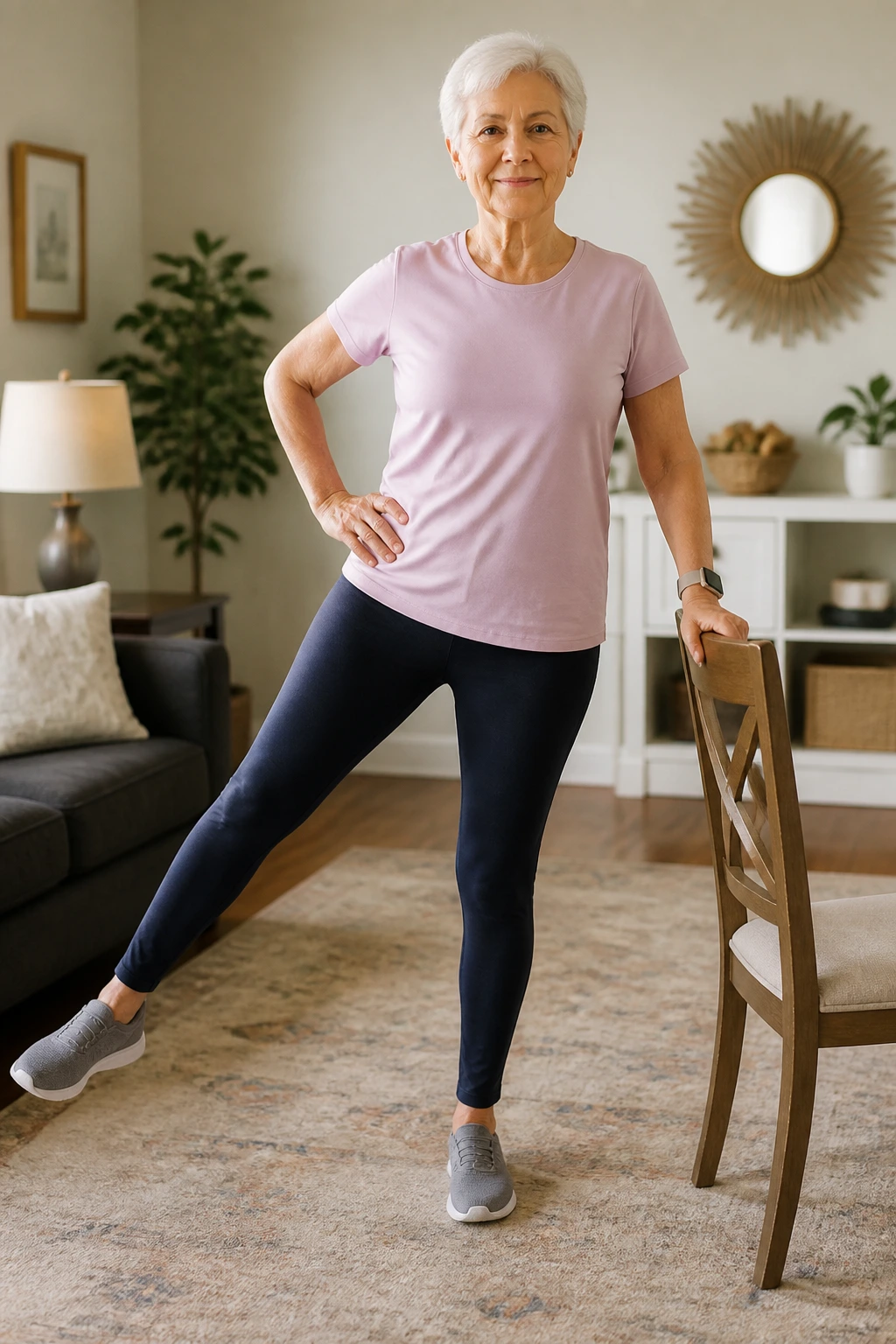 Senior performing side leg lifts with side leg raised
