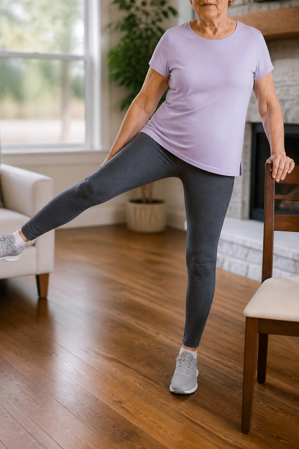 Close-up of a person performing a side leg raise with support from a chair in a living room.