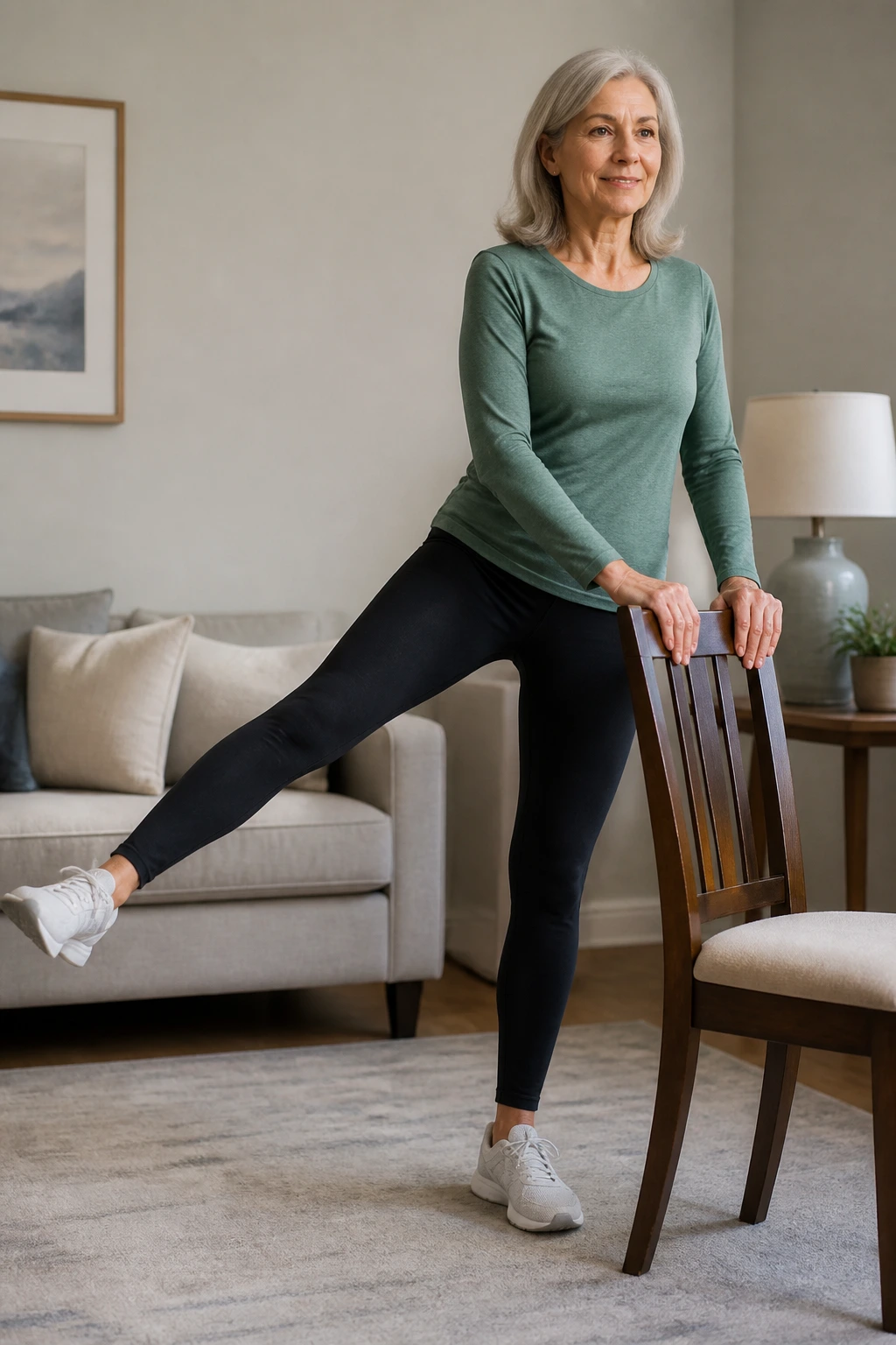 Senior performing side leg raises behind a chair