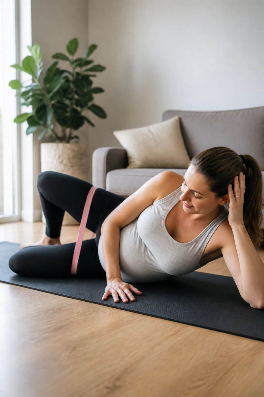 Pregnant woman side-lying performing clamshell exercise on mat