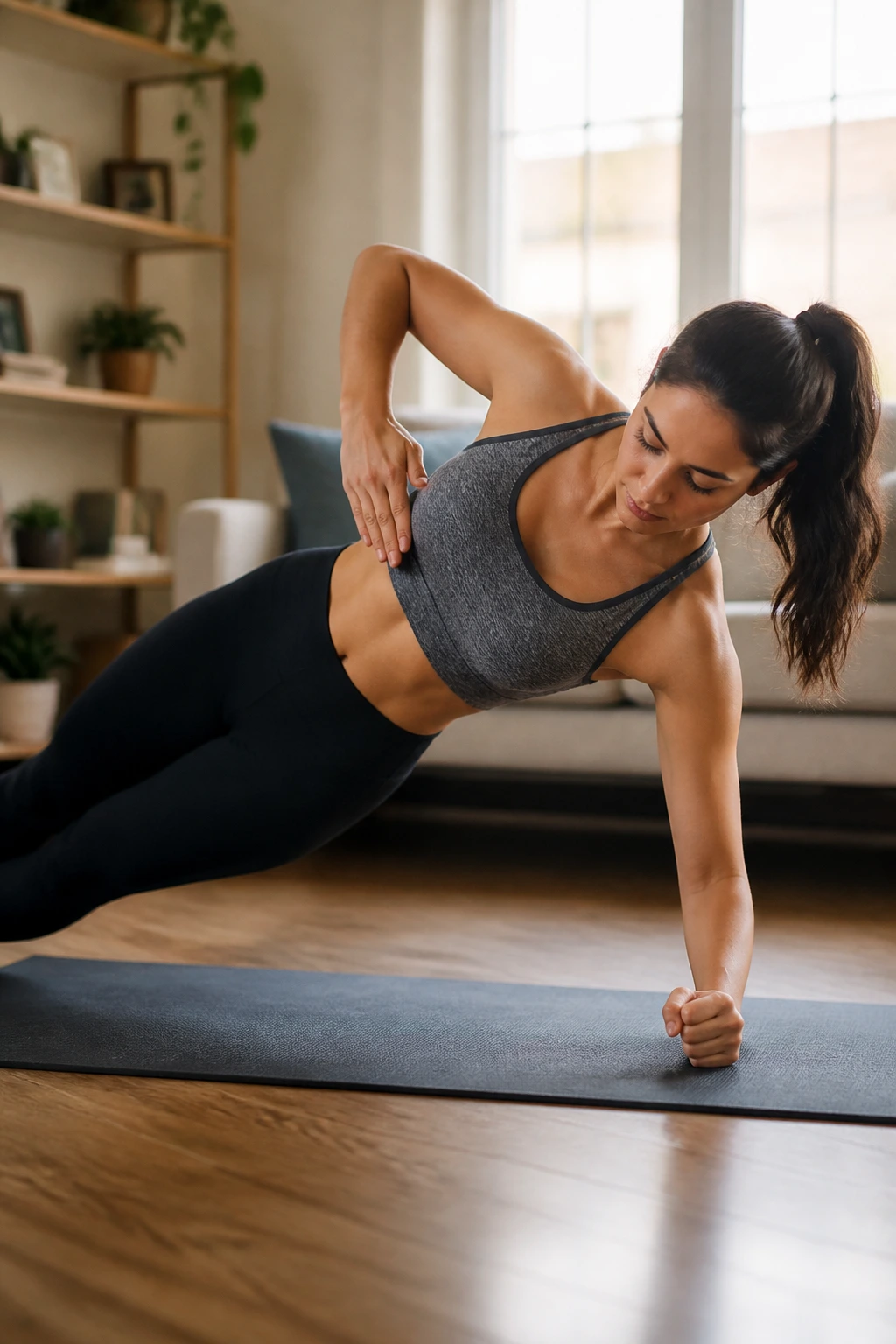 Close-up of a person in a side plank on a mat, highlighting core and oblique engagement