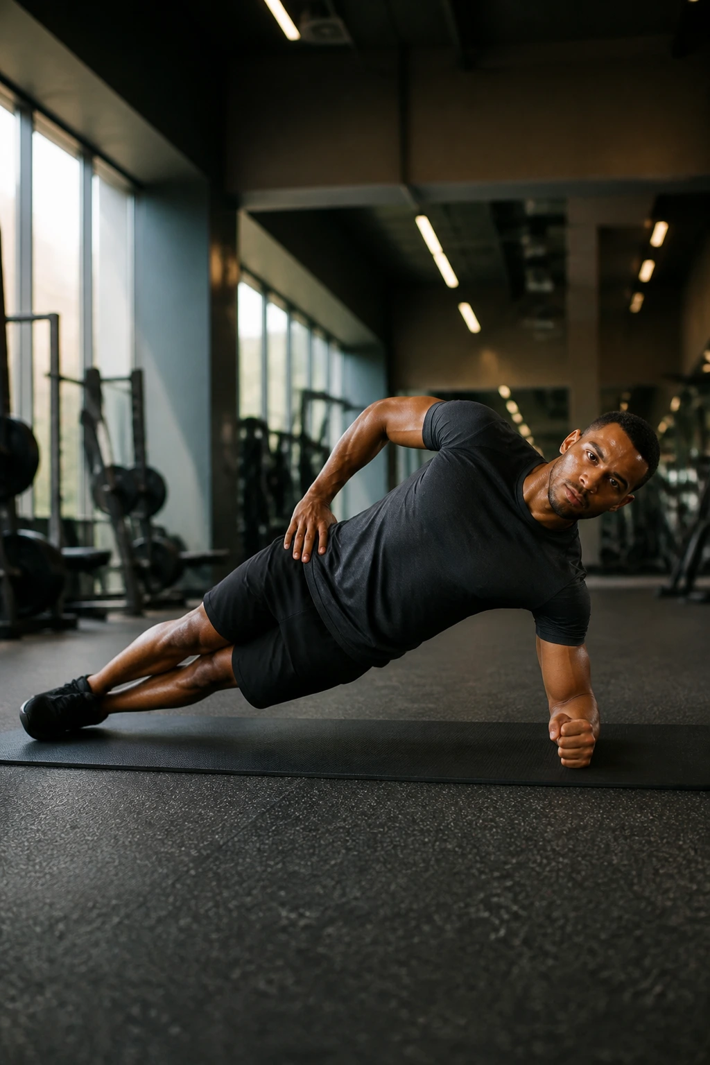 Real person holding a side plank with proper alignment in gym setting.