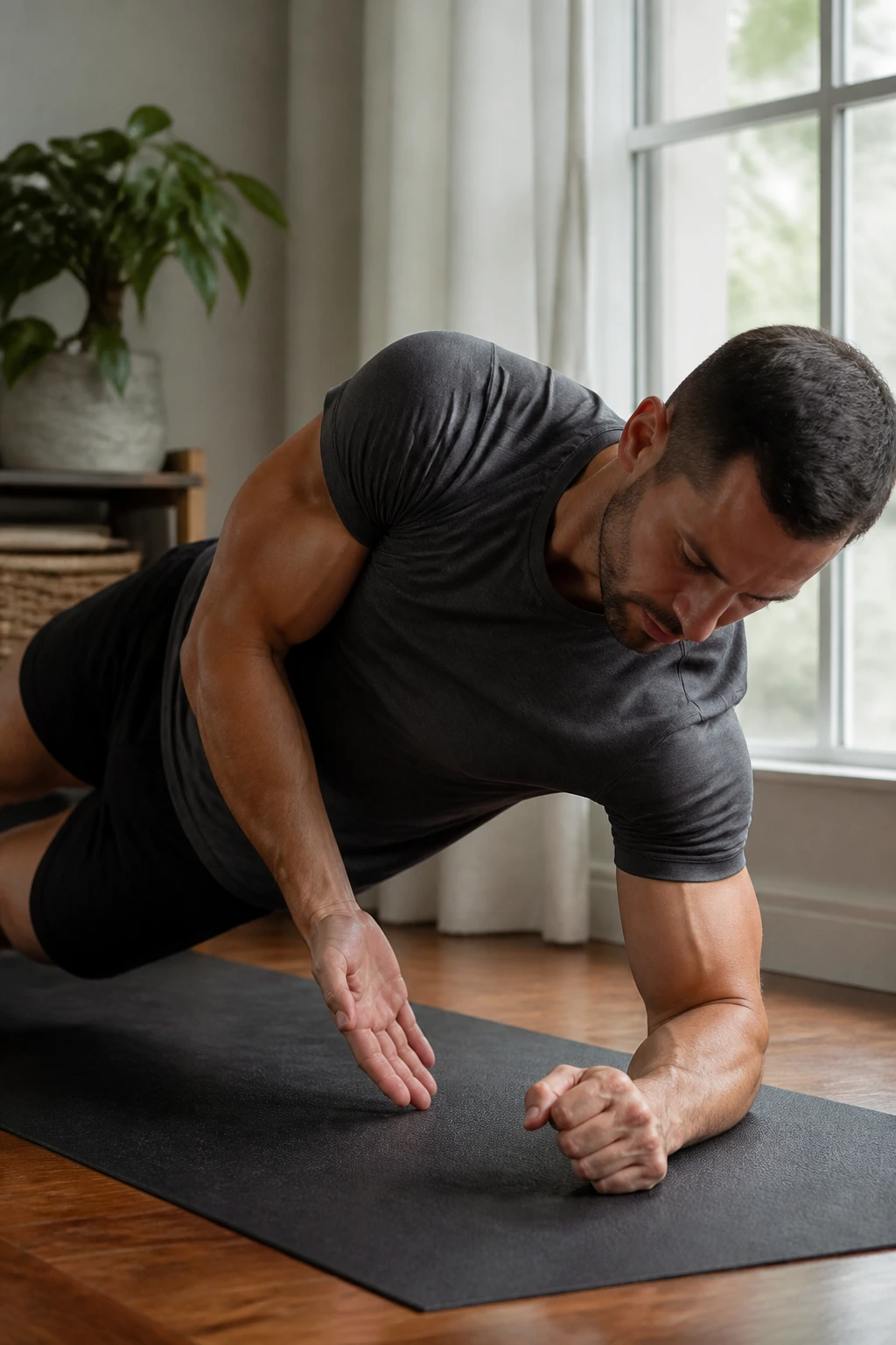 Person in a side plank reaching under and up in a living room