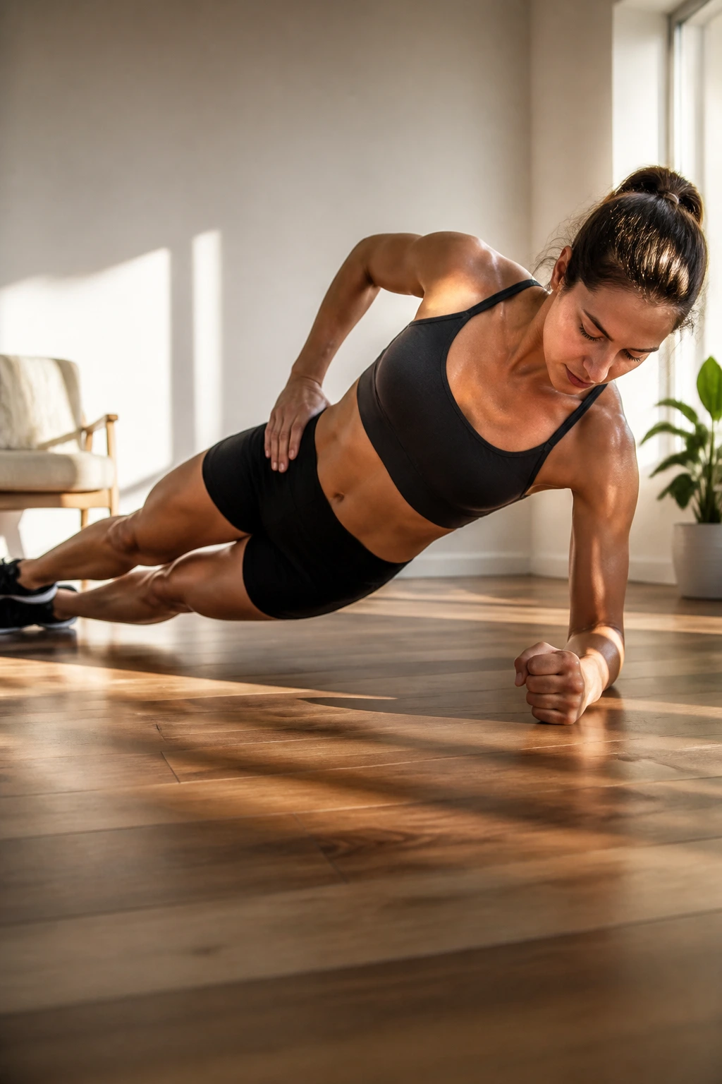 Side view of person in side plank on one elbow with hips stacked