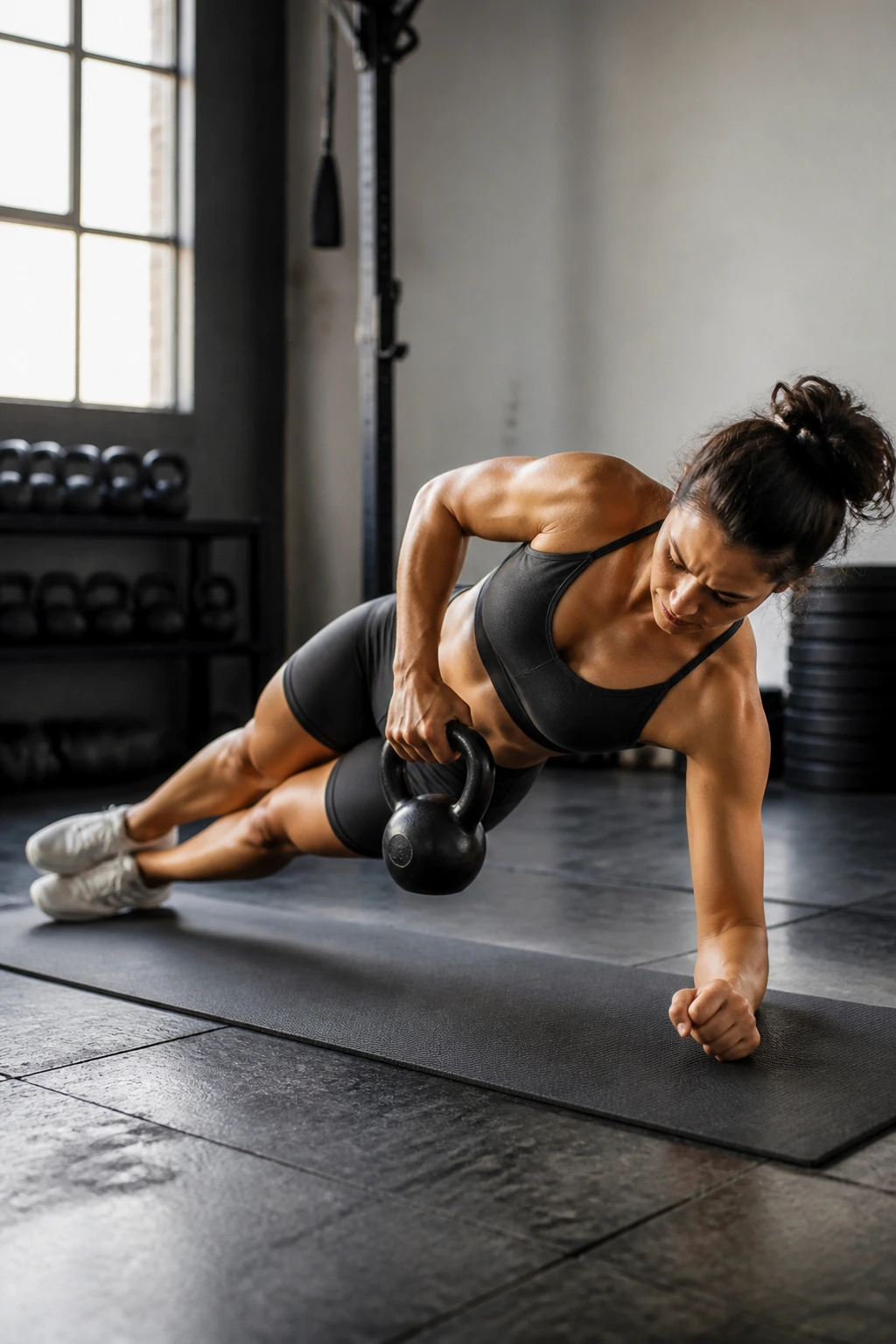 Side plank with kettlebell reach-through showing oblique engagement on a mat.
