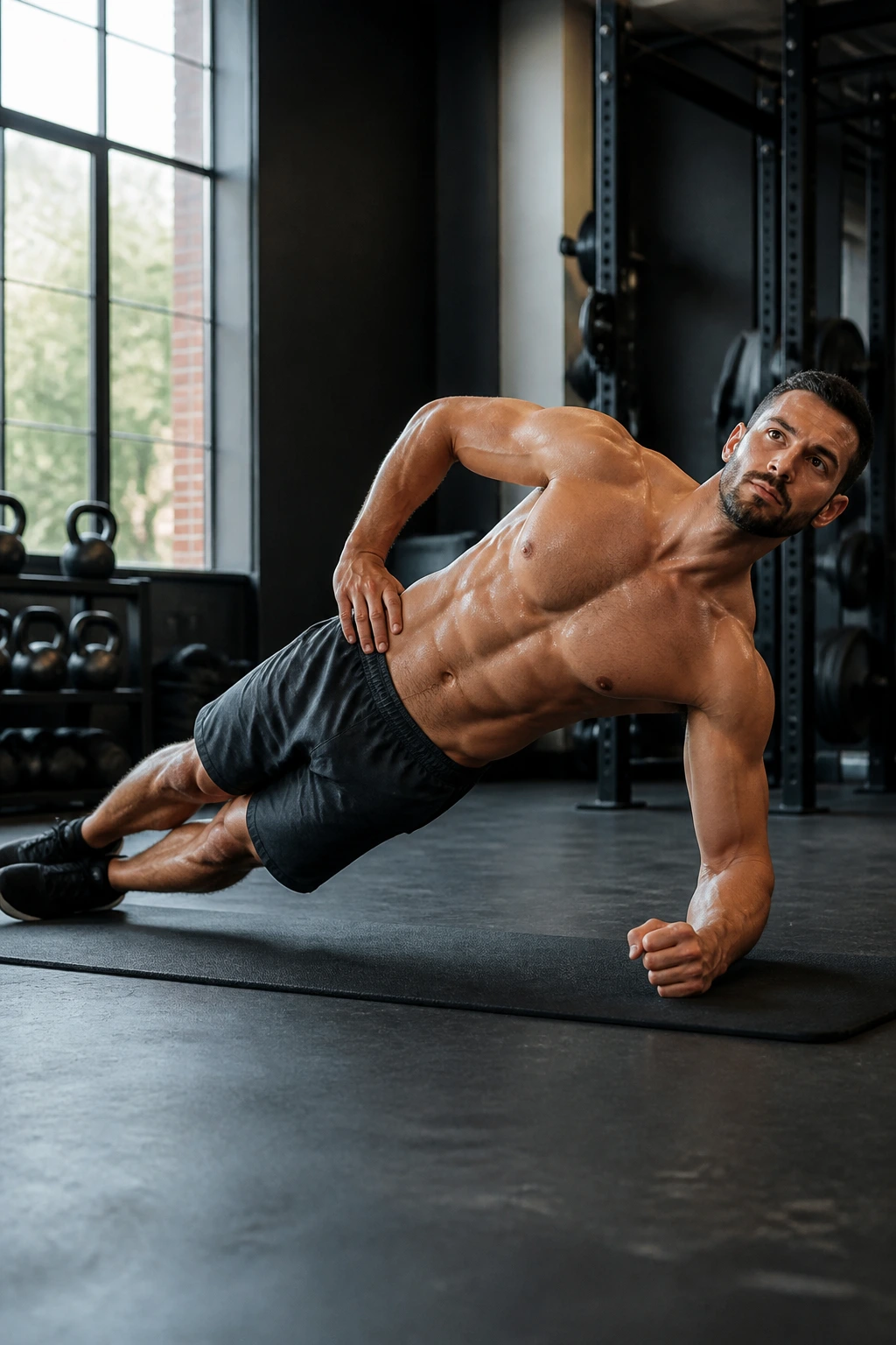 Real person in side plank showing oblique engagement and stacked hips.
