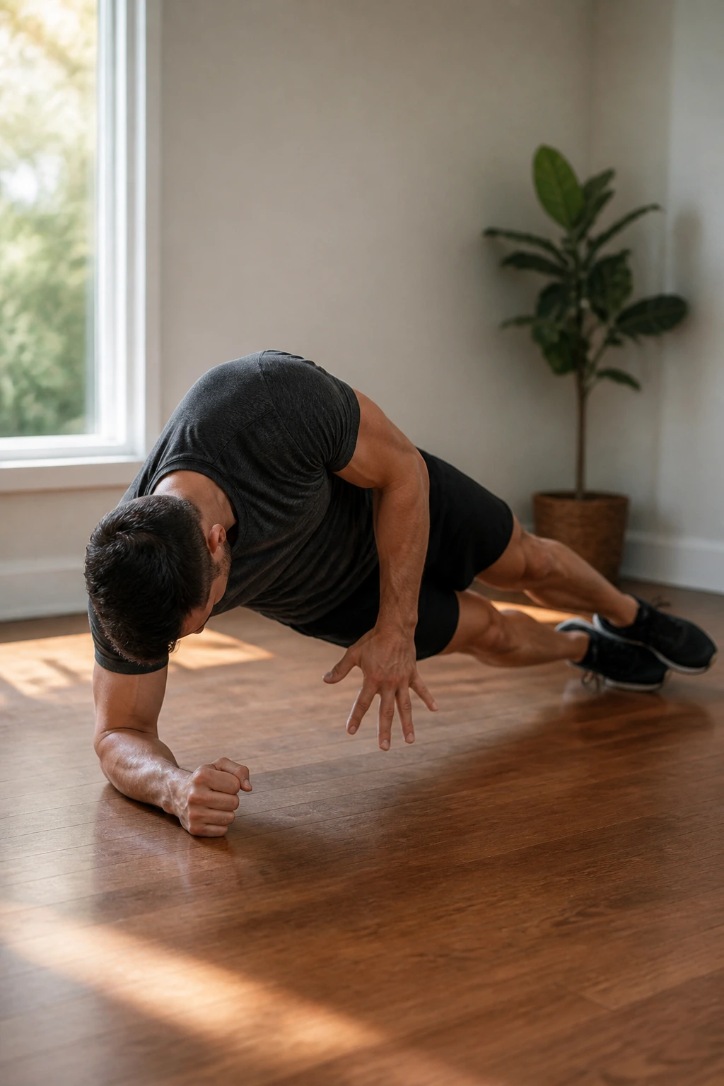 Side plank with reach-through showing controlled rotation