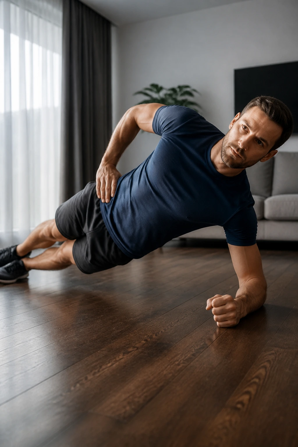 Real person holding a side plank to train obliques and core stability